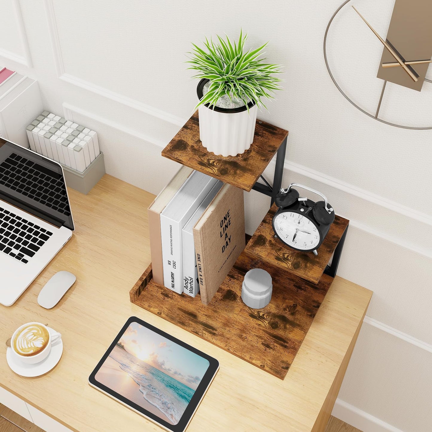 ELITEROO Desk Shelf Organizer, Wood Desktop Organizer Small Bookshelf, 3 Tier Storage Shelf Riser Display Stand for Office Decor and Desk Accessories, Rustic Brown Black