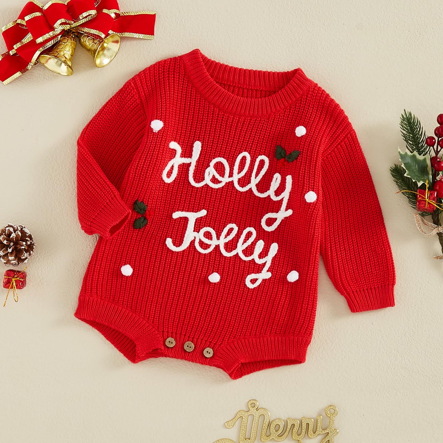 FYBITBO Baby Christmas Sweater Newborn Infant Girl boy Knit Sweater Romper Pullover Sweatshirt Onesie Fall Winter Clothes (Red Holly Jolly,0-3 Months)