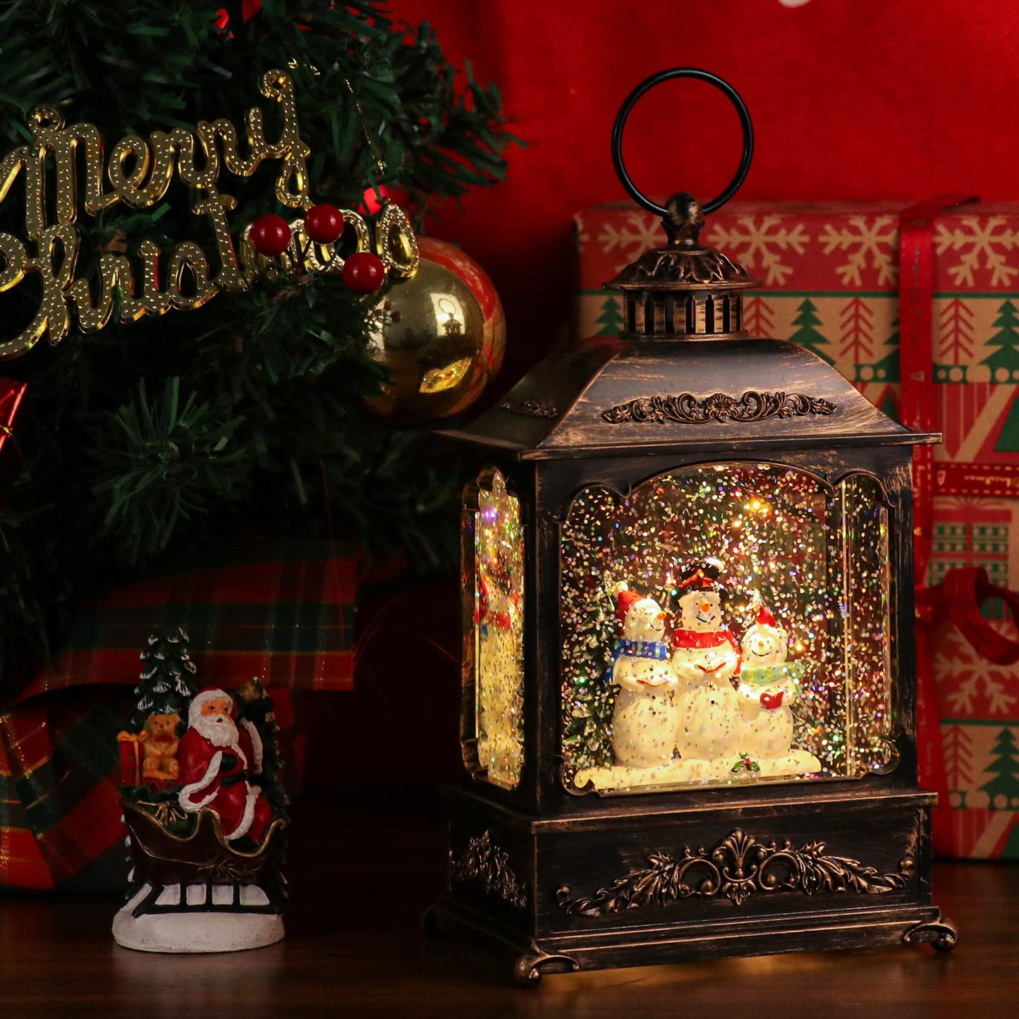 GenSwin Musical Snowman Snow Globe Lantern with 6 Hour Timer, Battery Operated & USB Powered Singing Spinning Water Glittering Snow Globe Lantern Christmas Home Decoration Gift(9.6”,3 AA)