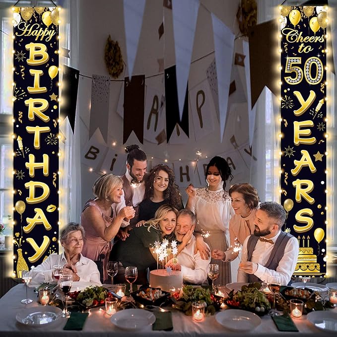 50th Birthday Party Banner Lighted Decorations for Women Men 50 Year Old Lighted Door Banners Black Gold Cheers to 50 Years Birthday Party Supplies Porch Sign with LED Light for Outside Light Decor