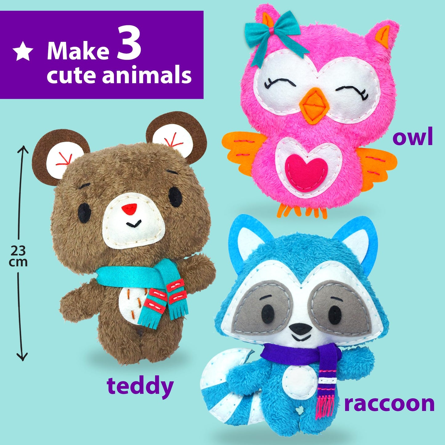 KRAFUN Sewing Kit for Kids Ages 7-12, Beginner Art & Craft Set with 3 Stuffed Animal Dolls (Teddy, Raccoon, Owl), Plush Felt Materials, Embroidery Supplies, and Instructions for Learning to Sew