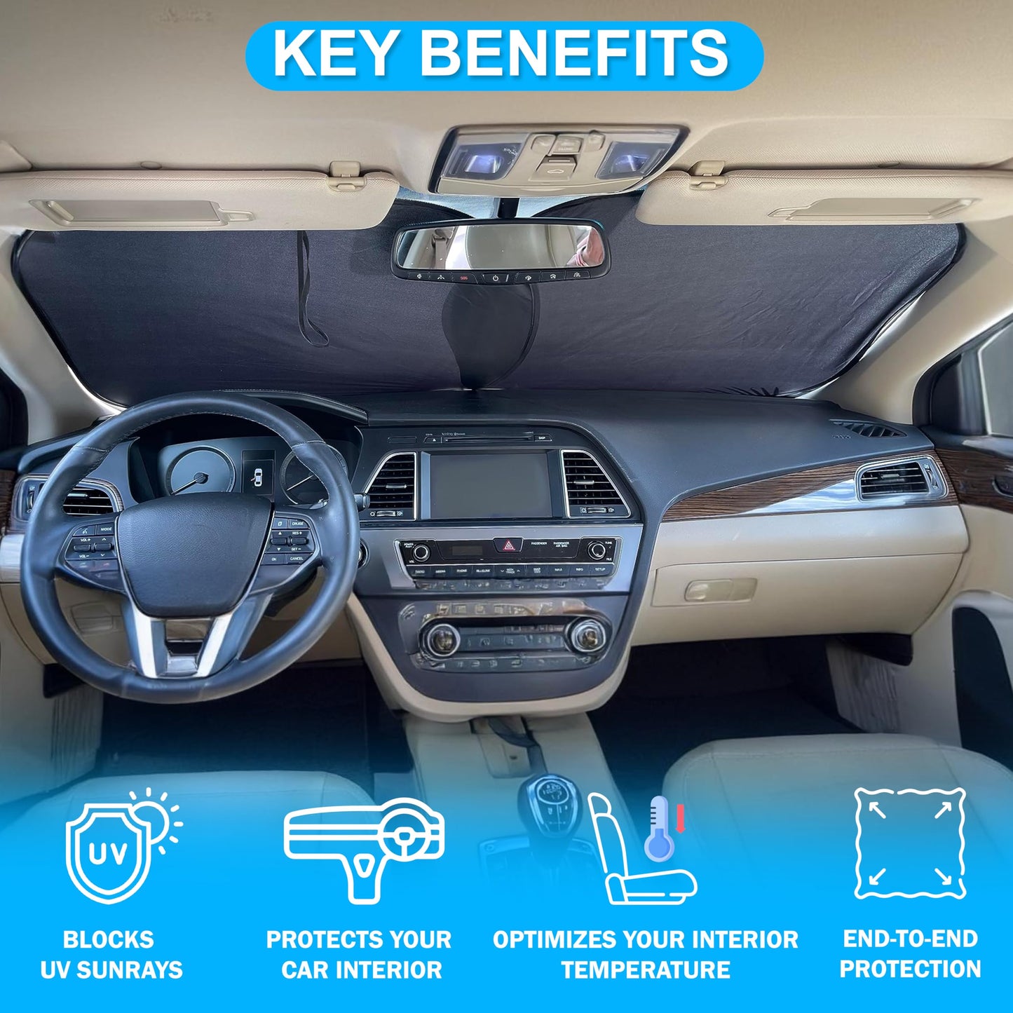 Autovir Car Windshield Sun Shade Foldable | Front Windshield Shade for Sun, Heat and UV Rays | Sunshade for Car Front Window and Interior Sun Protection | Medium (28 x 31 inches)