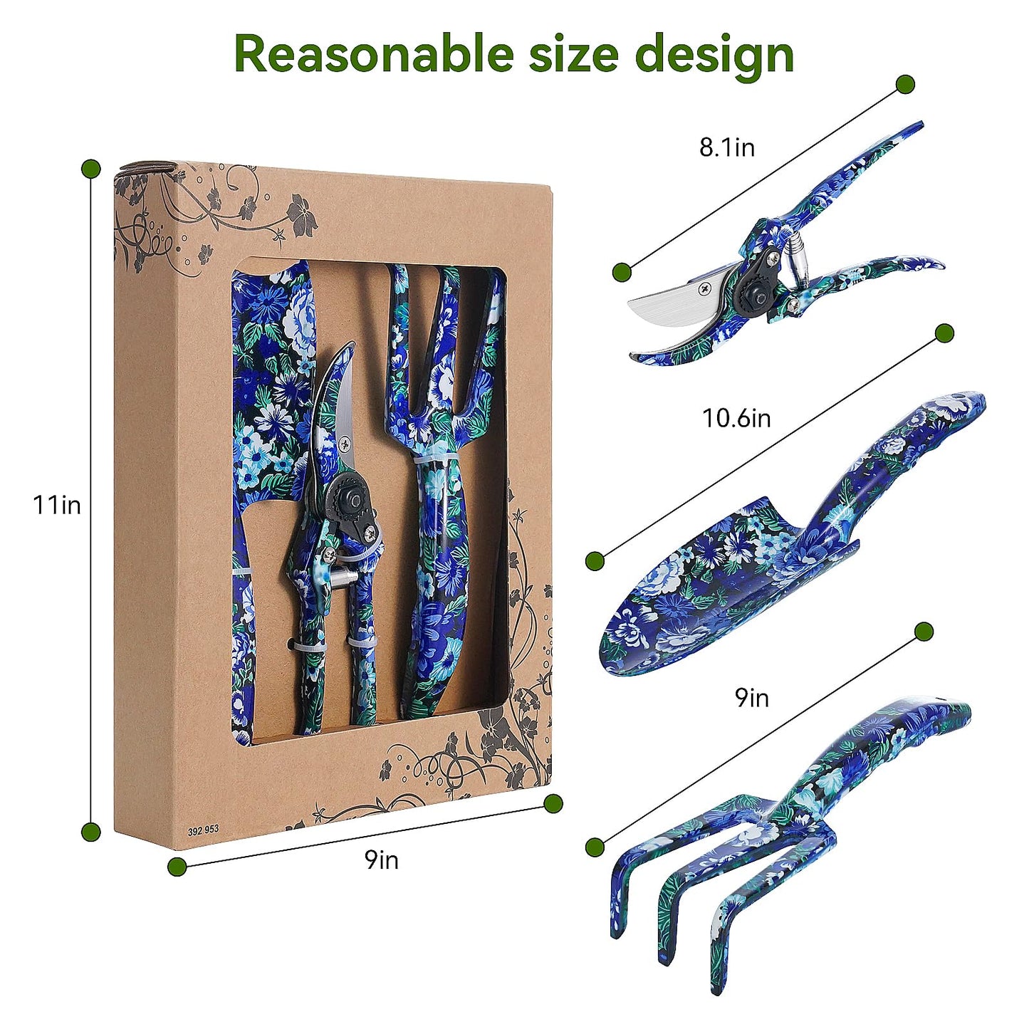 FLORA GUARD 3 Piece Aluminum Garden Tool Set with Blue Print - Trowel, Cultivator, Pruning Shear, Set for Gardening Needs (Blue)