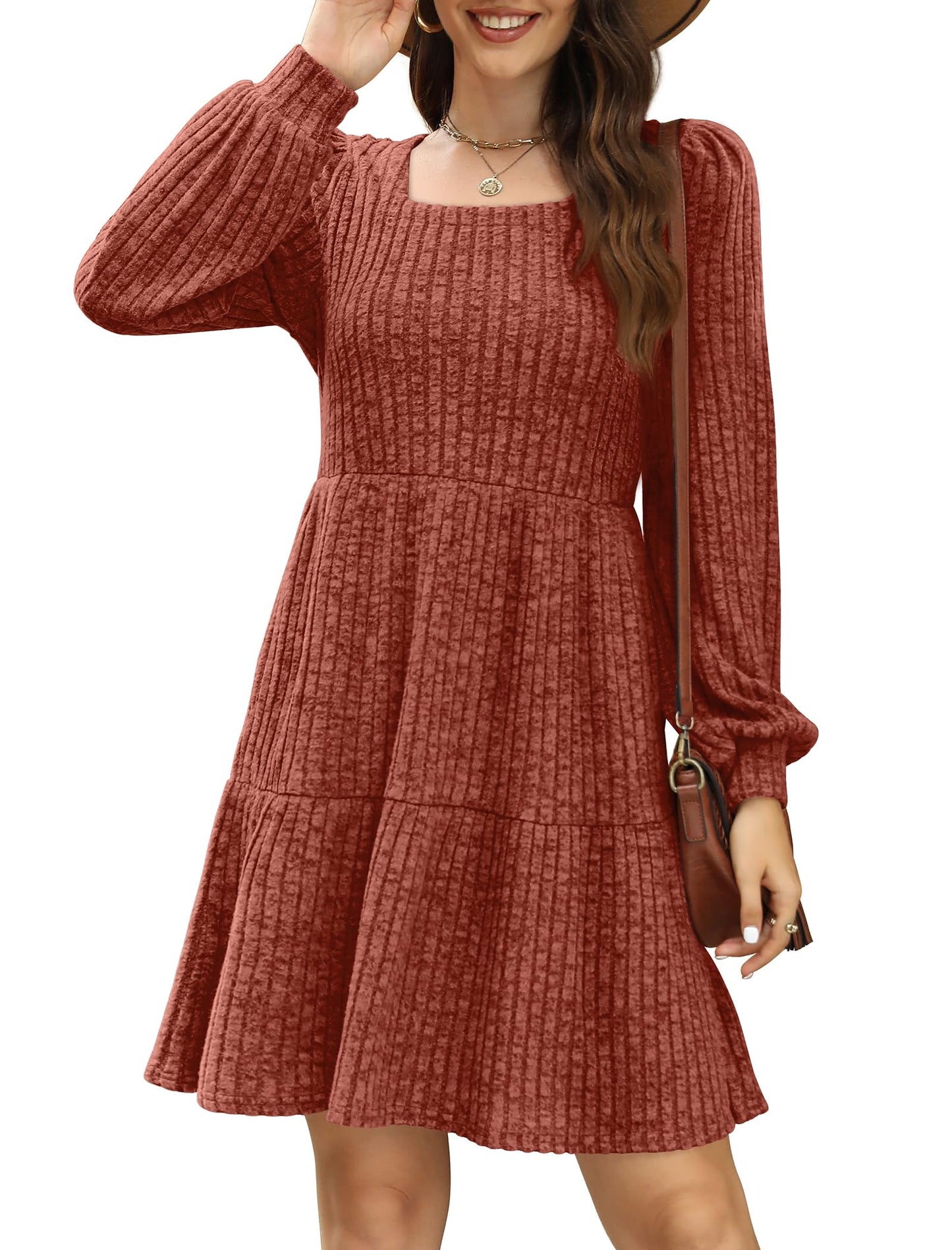 SAMPEEL Womens Fall Dresses 2025 Long Sleeve Halloween Wedding Guest Sweater Dress Burnt Orange L
