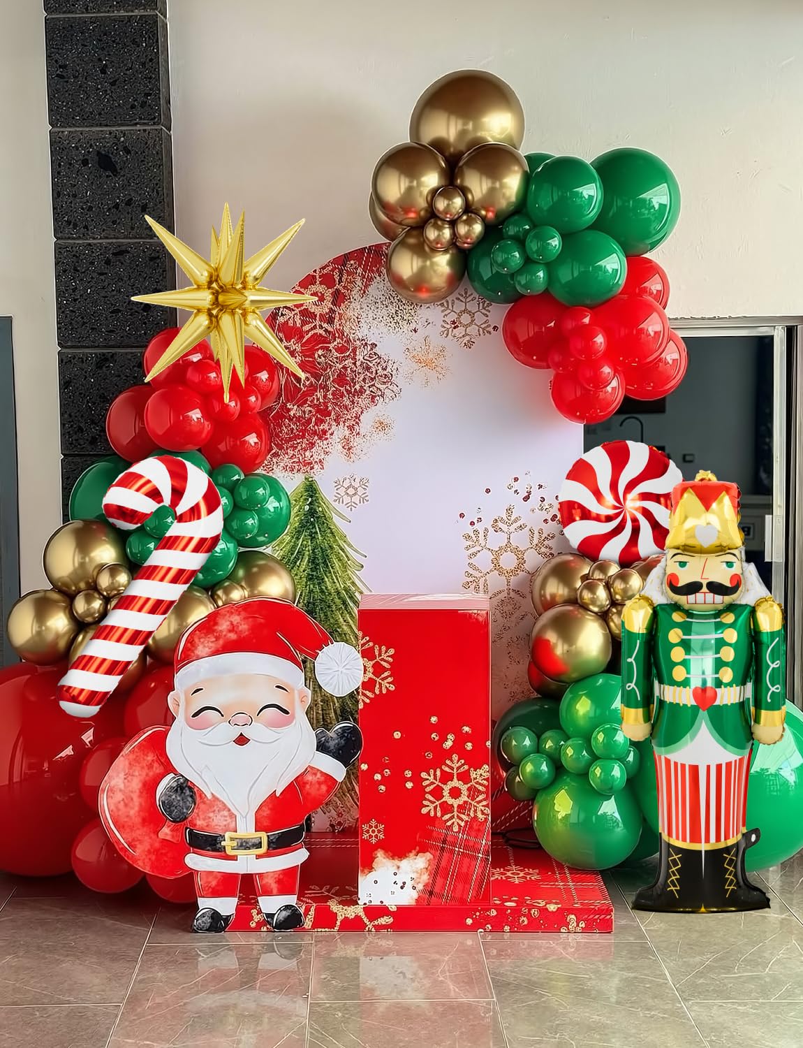 Adeyoo Christmas Balloon Arch Kit Garland - Red Green Gold Christma Balloons with Nutcracker Candy Cane Exploding Star Foil Balloons Xmas Balloon for Xmas Birthday New Year Party Decorations
