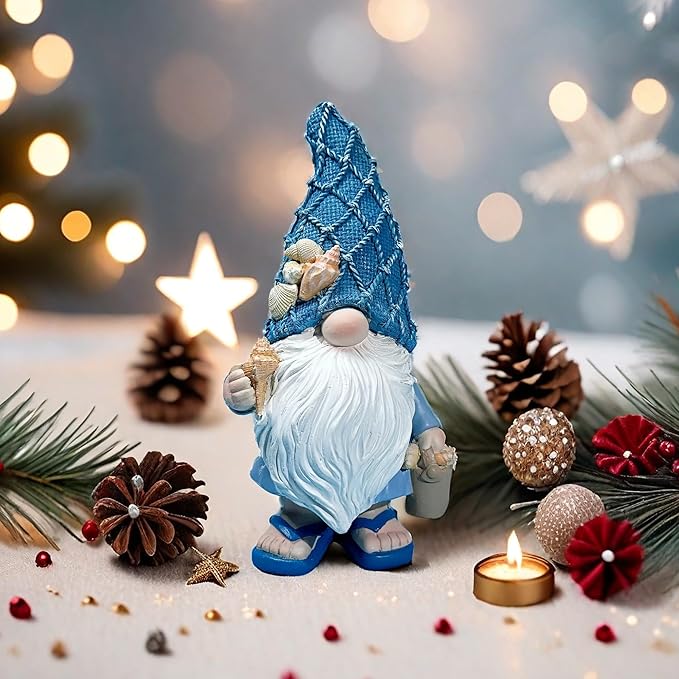 Garden Sea Gnome Statue Decoration Indoor Resin Beach Gnome Sculpture for Home Office Desktop Bathroom, Summer Pool Decoration Gifts (Carrying Bucket of Shells)
