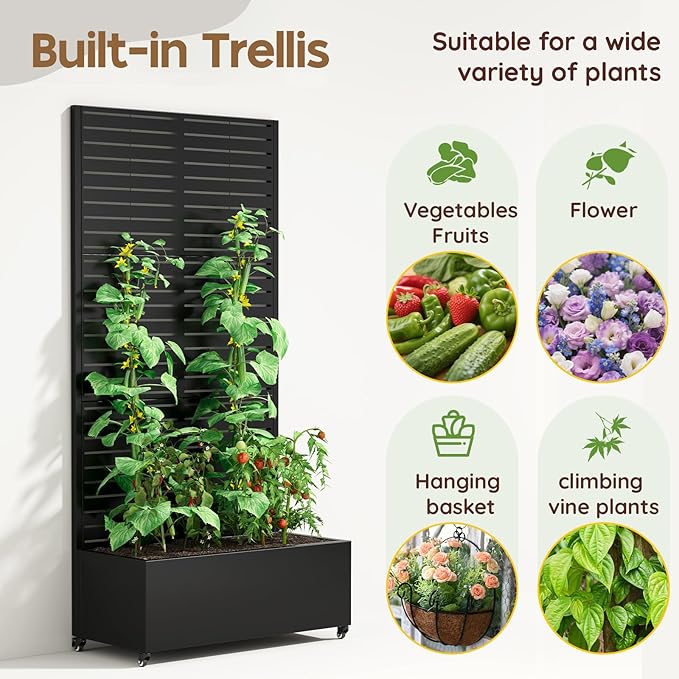 Metal Raised Garden Bed with Trellis & Wheels,72" x 35"x 15.7" Planter Box with Trellis,Privacy Planters for Patio,Garden Bed for Climbing Plants,Suitable for Climbing Plants and Vegetables,Black