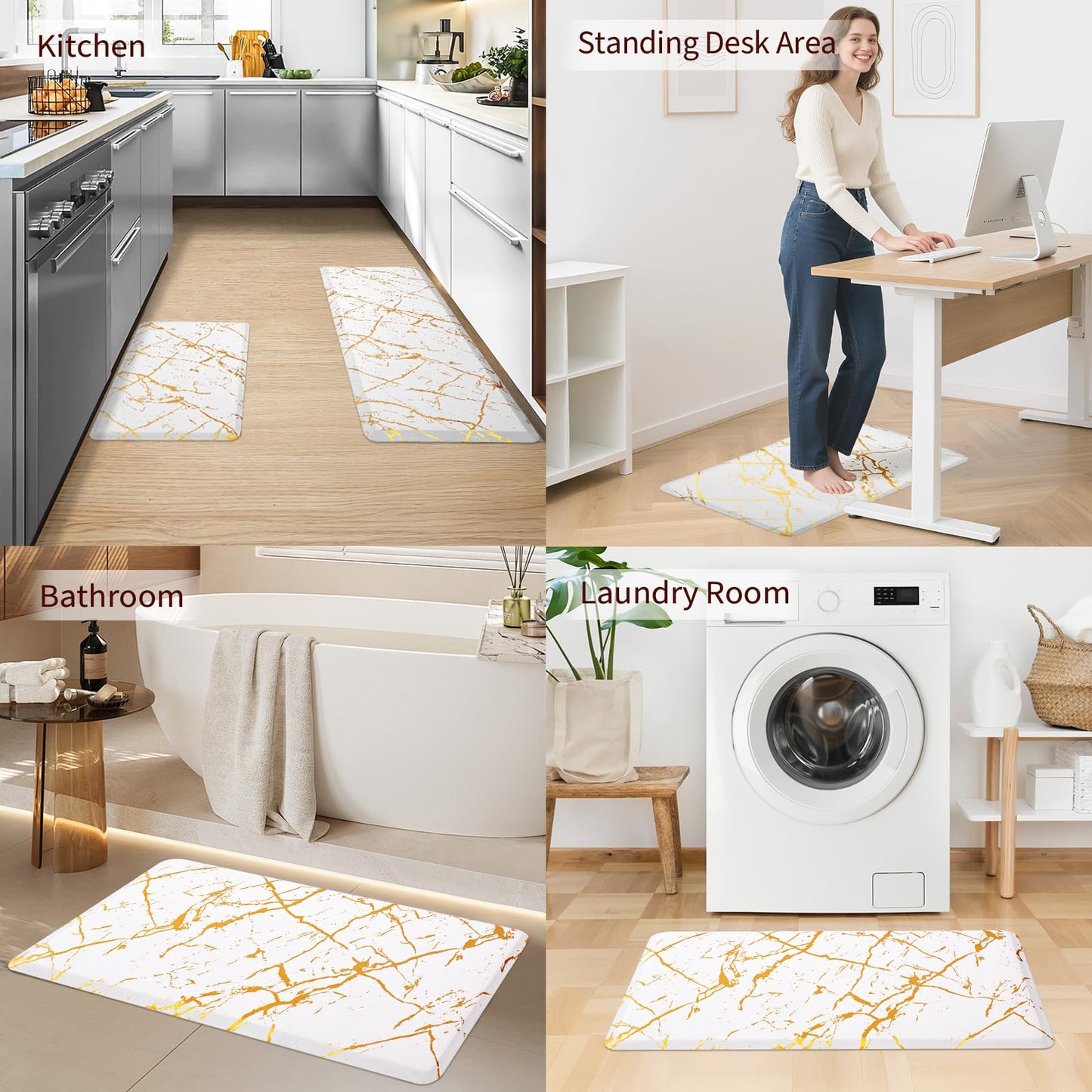UKISS marbling Kitchen Rugs, Cushioned Kitchen Mats, Anti Fatigue Mat for Floor, Waterproof Kitchen Rug,Non-Slip Comfort Standing Mat for Kitchen&Office (White, 17.3 x 28 inches+17.3 x 47inches)