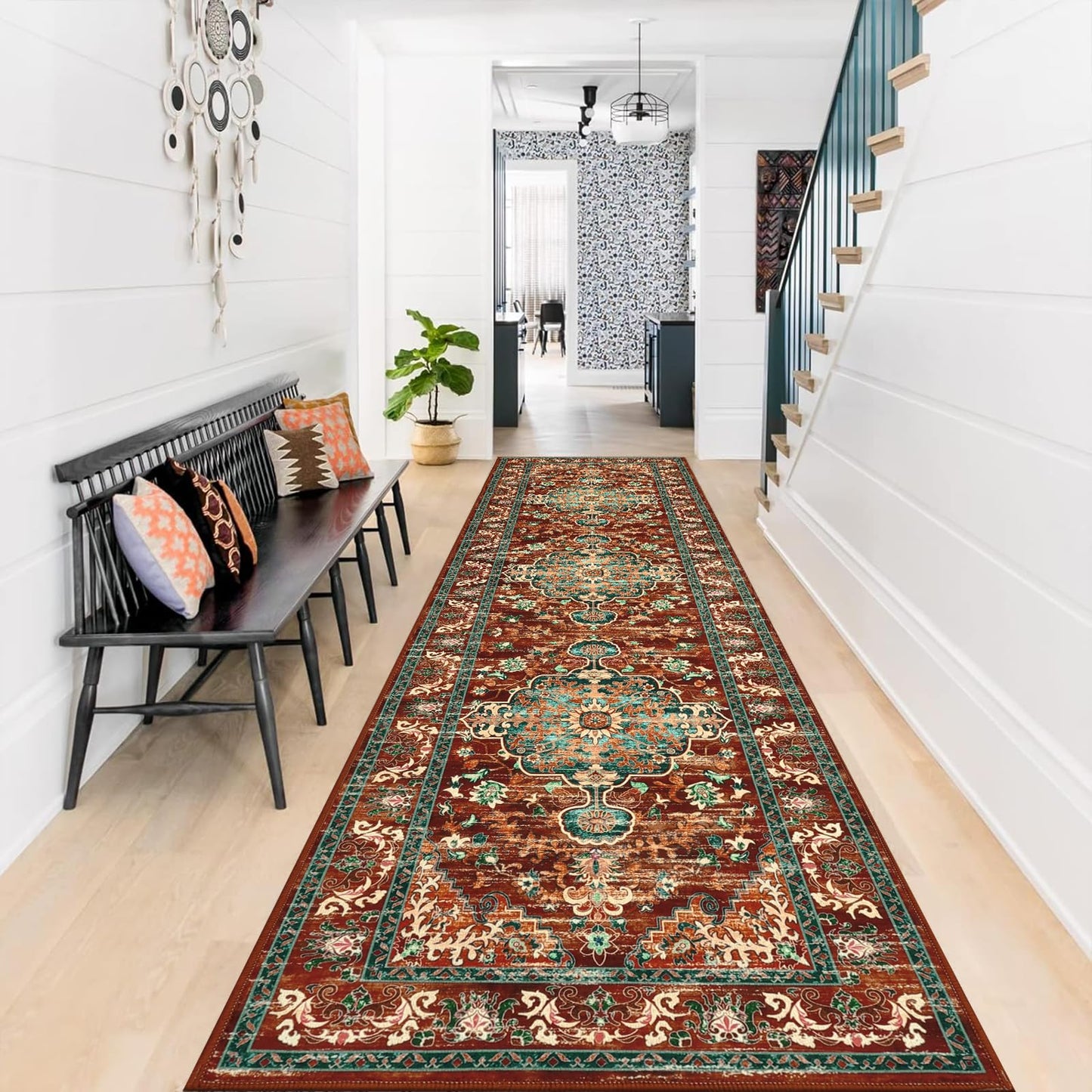 U'Artlines 2' x 8' Boho Hallway Runner Rug, Non Slip Washable Vintage Farmhouse Accent Area Rug Carpet for Kitchen Entryway Laundry and Living Room (Rust&Teal)