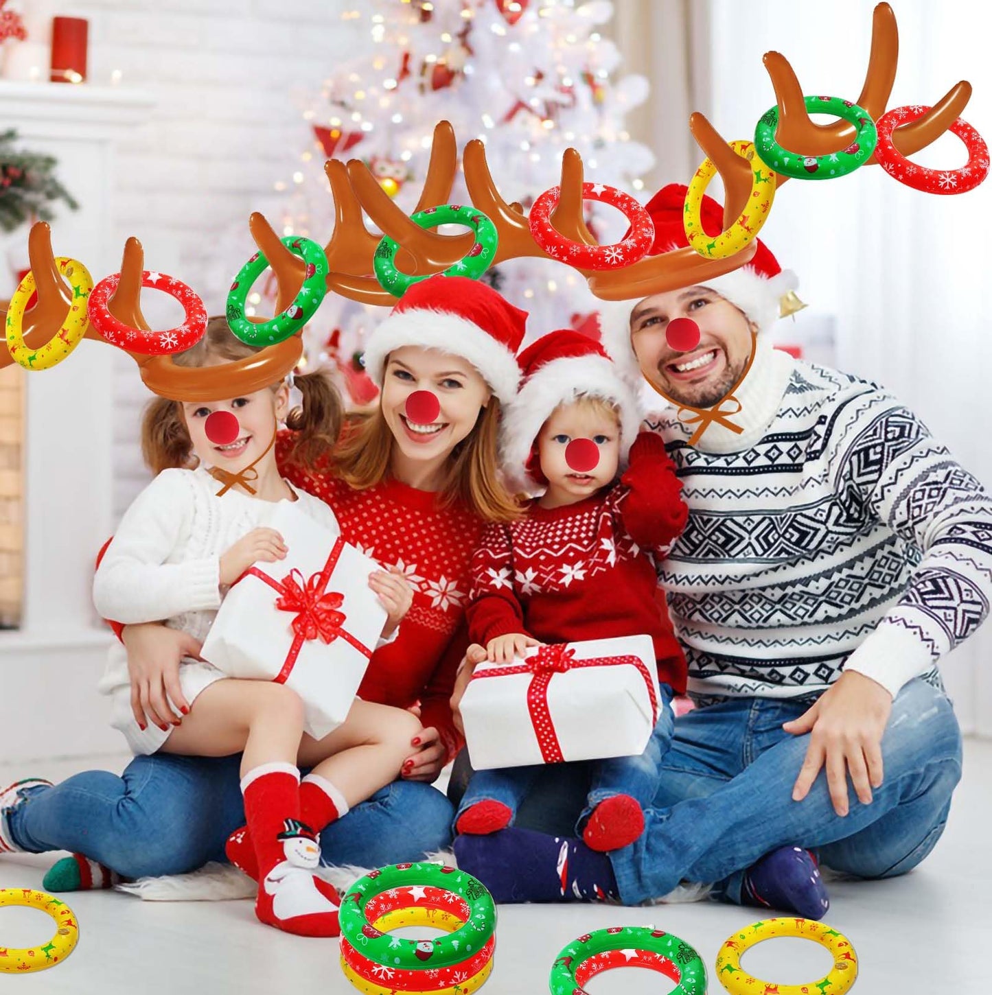 Christmas Inflatable Reindeer Antler Ring Toss Game 2 Sets, 2024 Christmas Games Party Supplies for Family Party (2 Antlers 12 Rings)