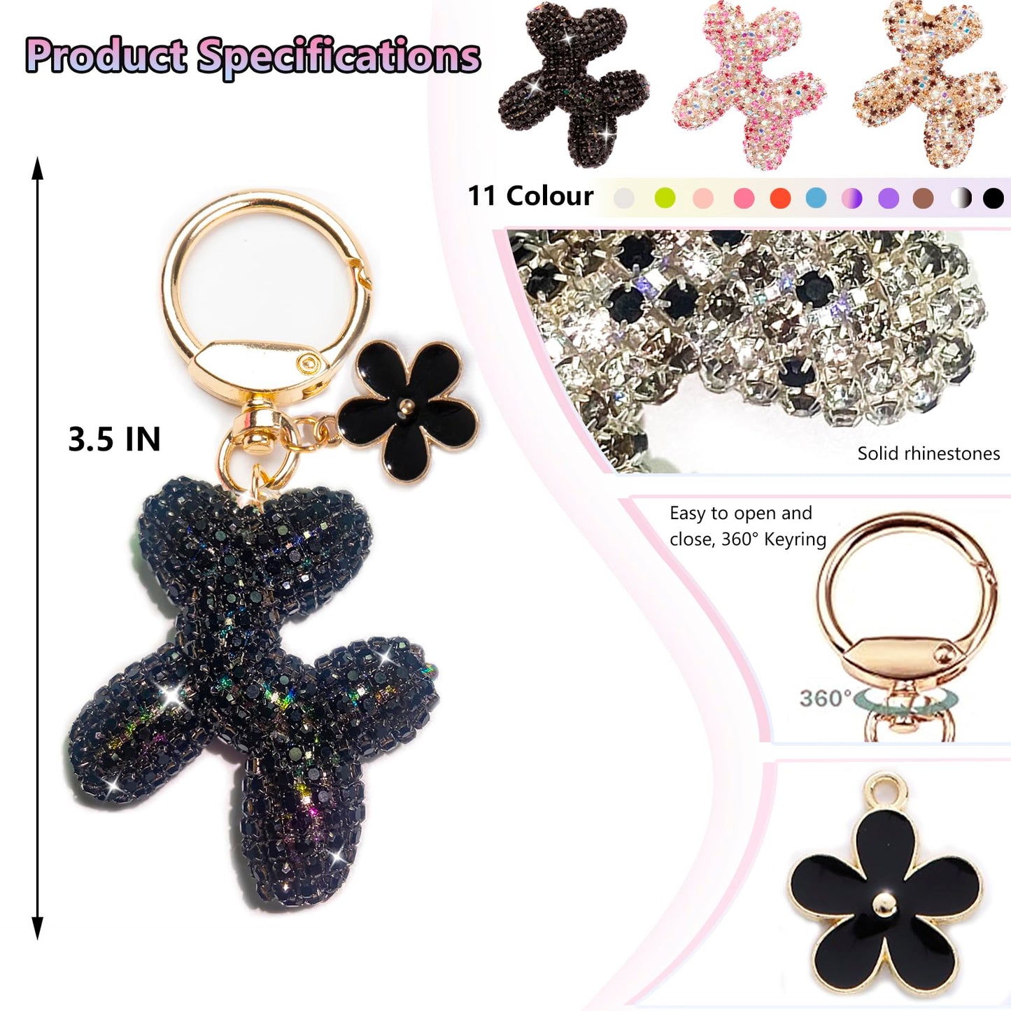 Black Rhinestone Balloon Dog Keychain for Women,Cute Bling Purse Charm,Girls Key Chains for Car Keys Handbag Purse Accessories,Black Keychain Cute