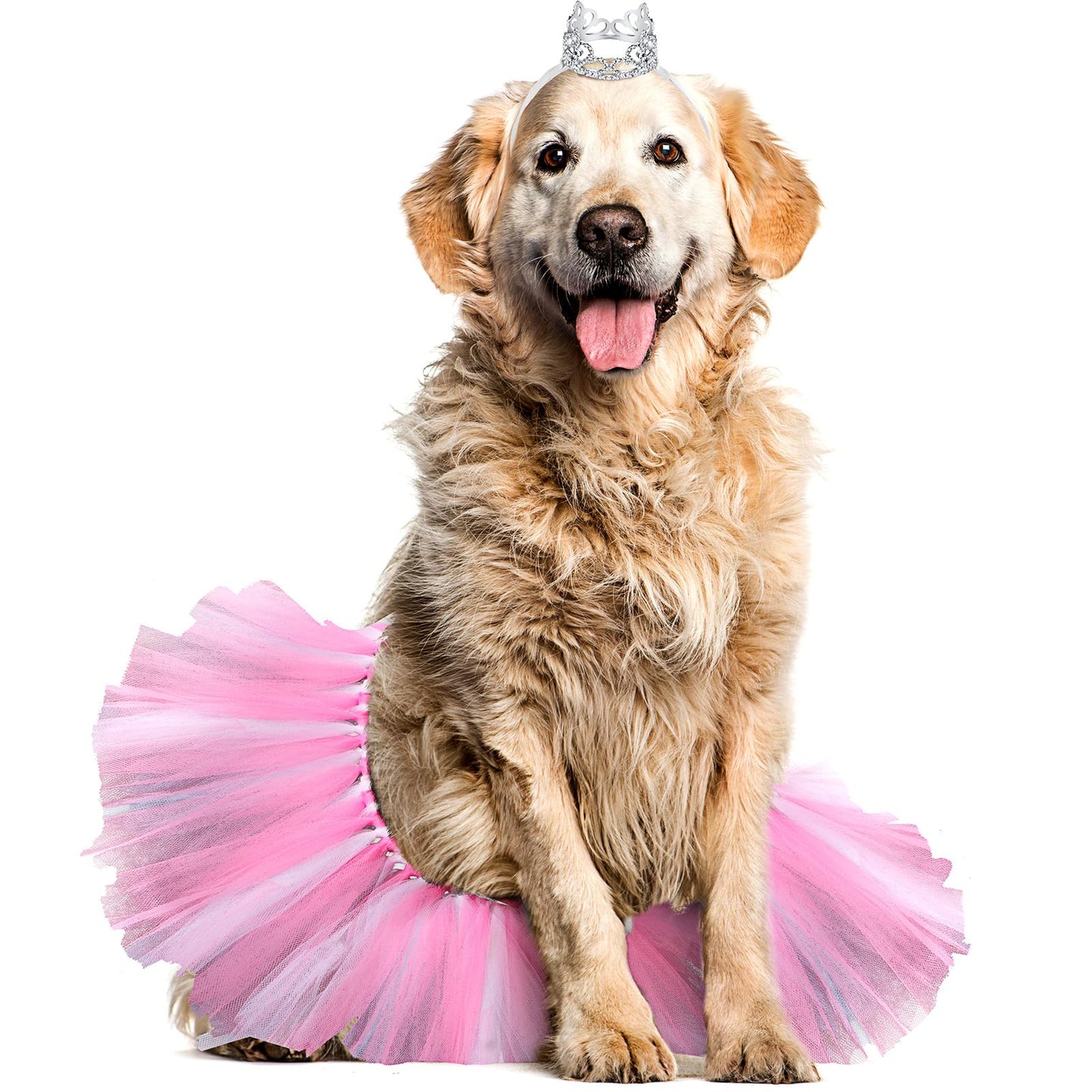 2 Pcs Dog Crown Headband Dog Tutu Dress Set Crystal Rhinestone Tiara Crown Tutu Skirt Pet Dress Costume for Puppy Birthday Party Wedding Photo Prop Costume(Large,Rose Red, White)