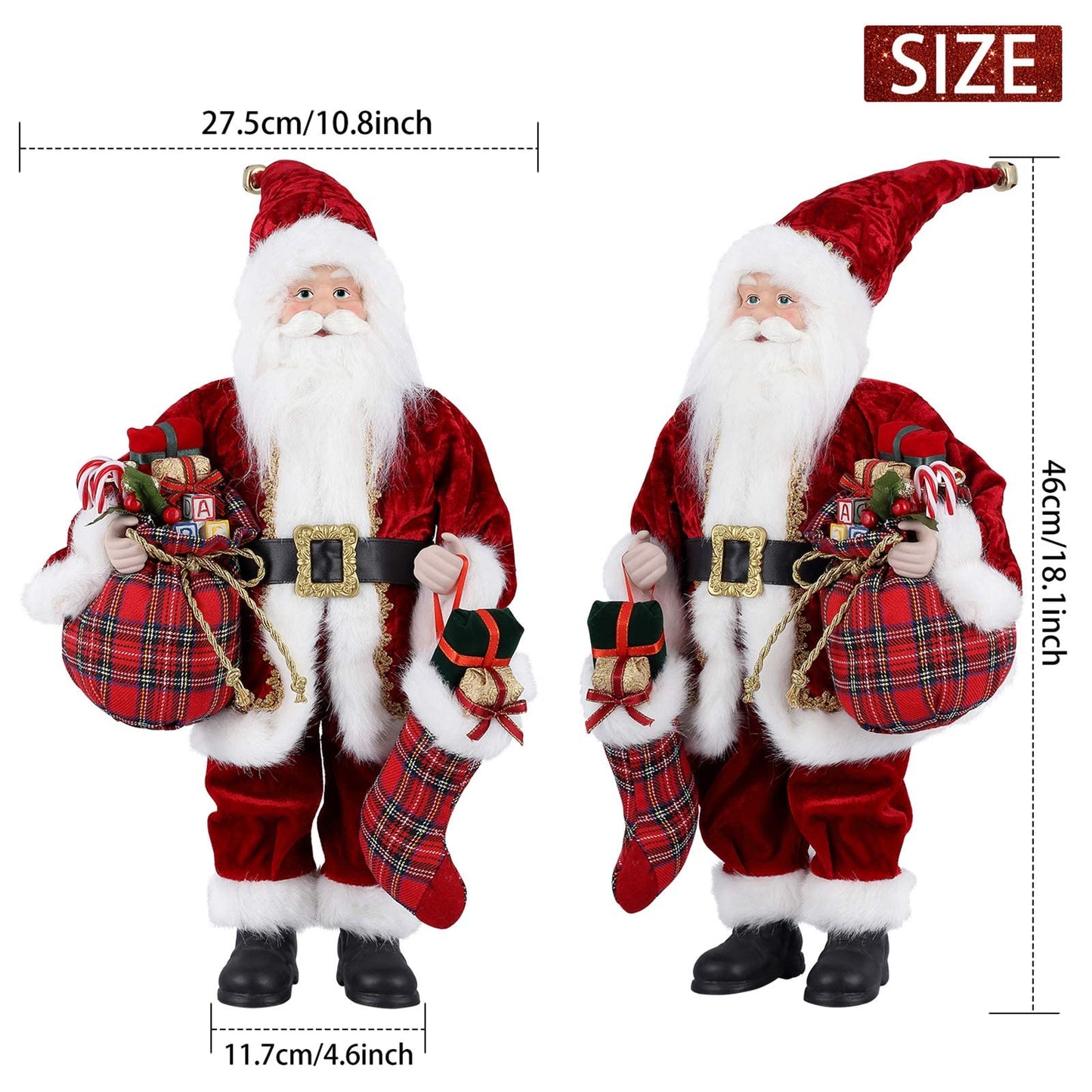AGM 18" Santa Claus, Christmas Figurine Figure Decor with Christmas Sock and Gifts Bag for Holiday Party Home Decoration