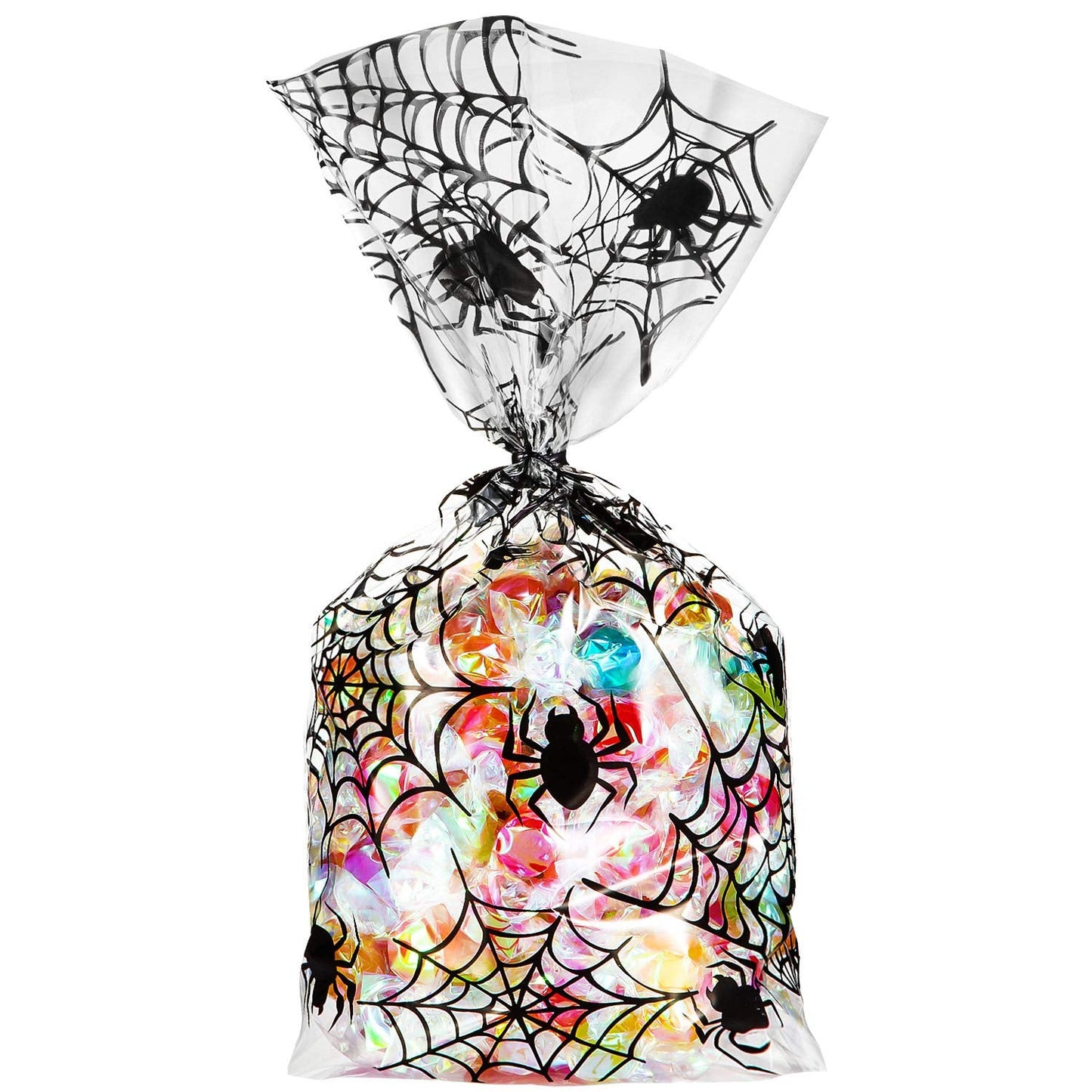 HESTYA 50 Counts 15 x 25 cm Halloween Cellophane Treat Bags Spider Clear Candy Bags with 400 Piece Twist Ties for Halloween Party Favor Supplies