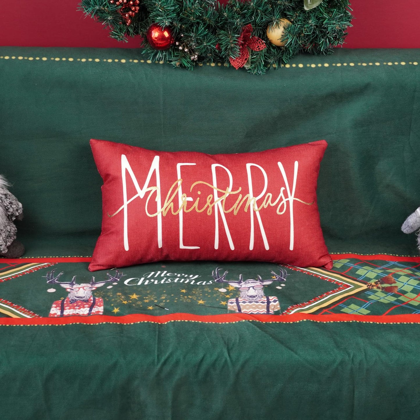ONWAY Christmas Pillow Cover 12x20 Inch Merry Christmas Lumbar Pillow Cover Gold Red Decorative Throw Pillows Farmhouse Winter Holiday Decor Cushion Case for Sofa Couch Home Decorations