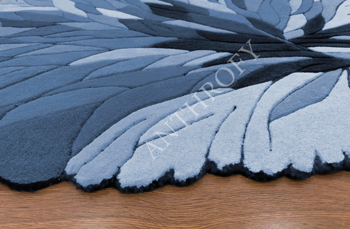 Anthrofy Irregular Shape Wool Area Rug – 3’ x 5' – Blue Color Handmade Unique Contemporary Botanical Design – Thick & Soft Rugs for Living Room, Bedroom