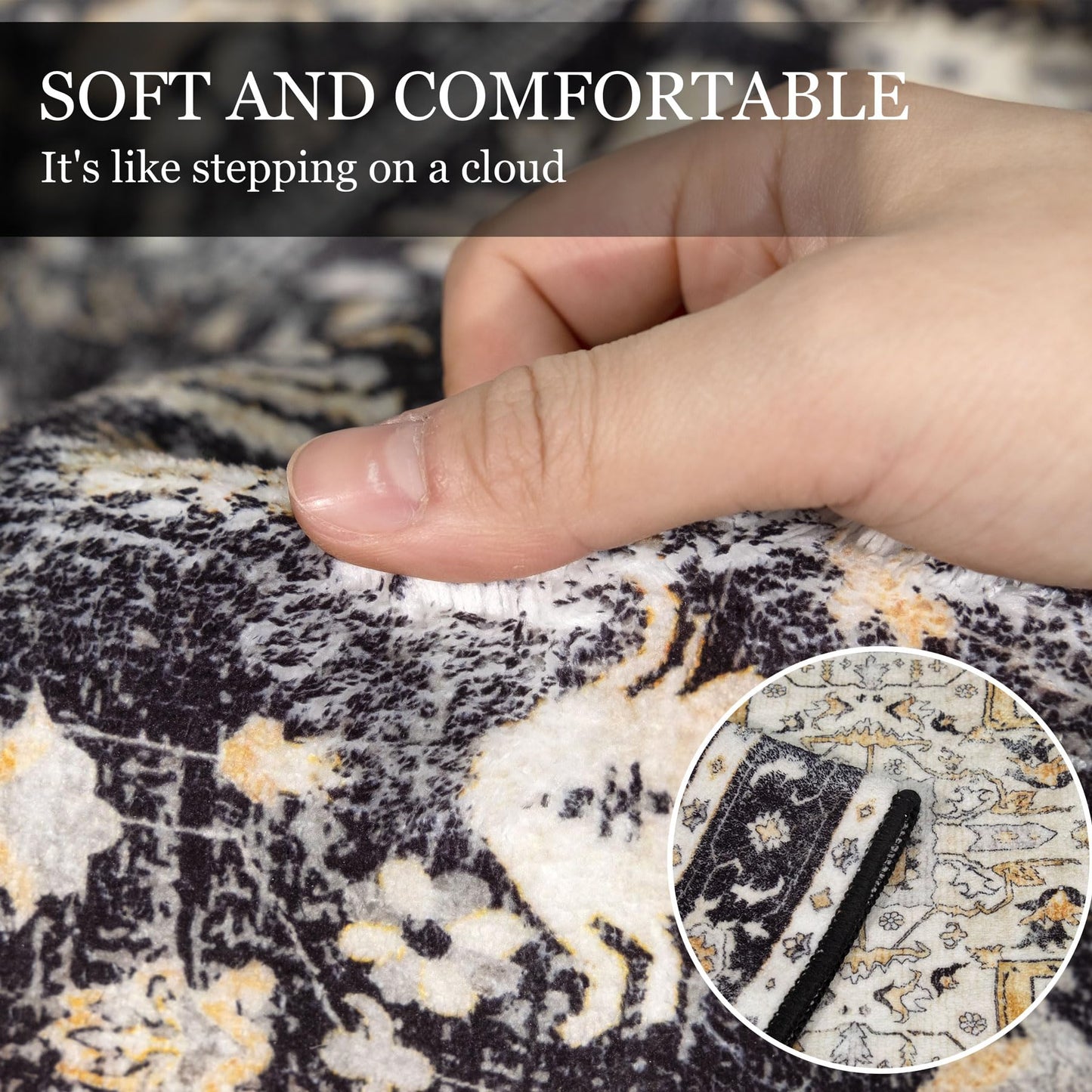 MUJOO Round Rug 5ft,Black Circle Area Rug Washable,Boho Circular Rugs for Bedroom Living Room,Non Slip Throw Carpet Soft Vintage Black and Gold Floral