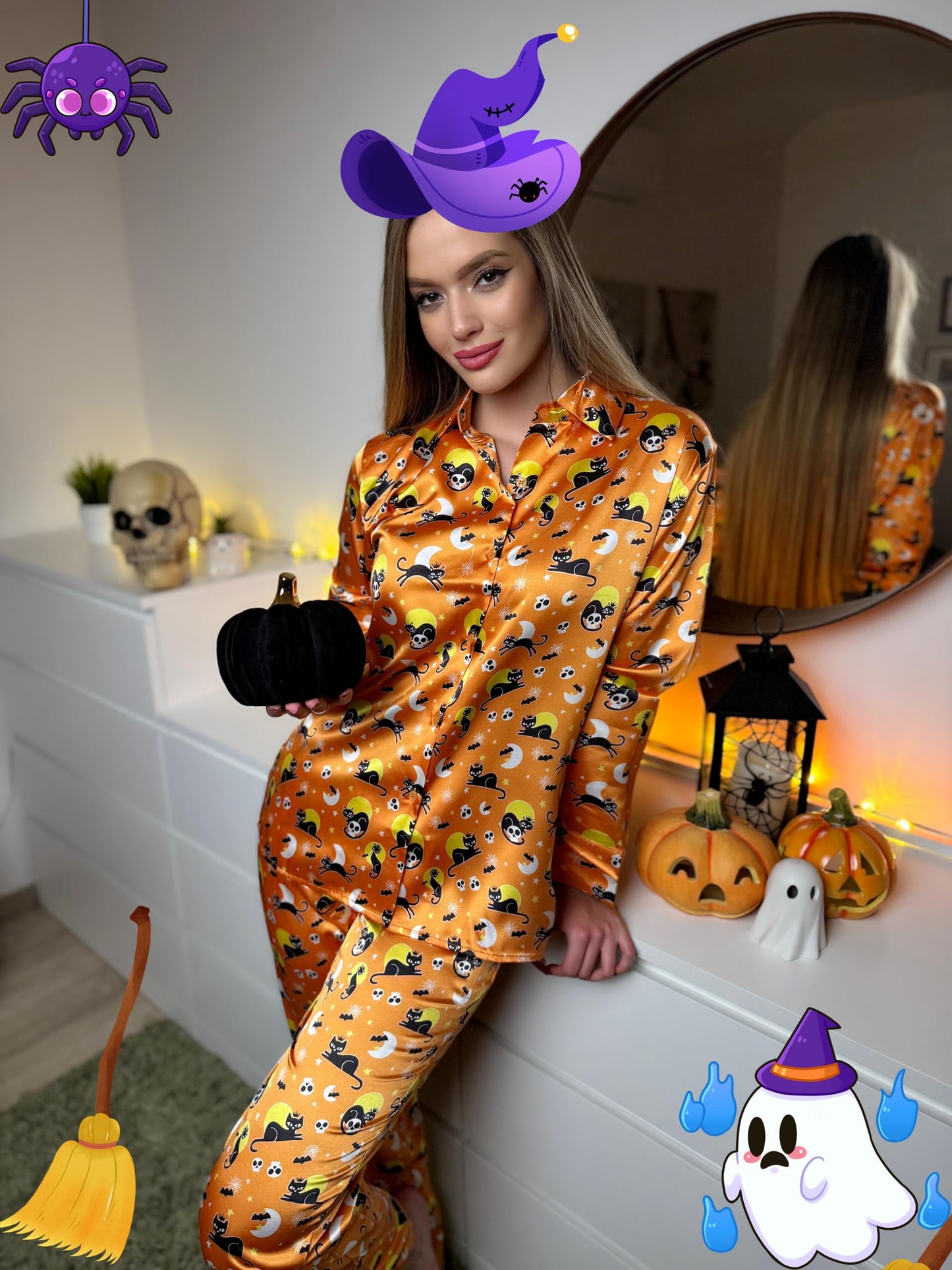 Ekouaer Silk Pajamas for Women Classic Button Down Pj Sets Satin Sleepwear Comfy Long Sleeve Loungewear Halloween M