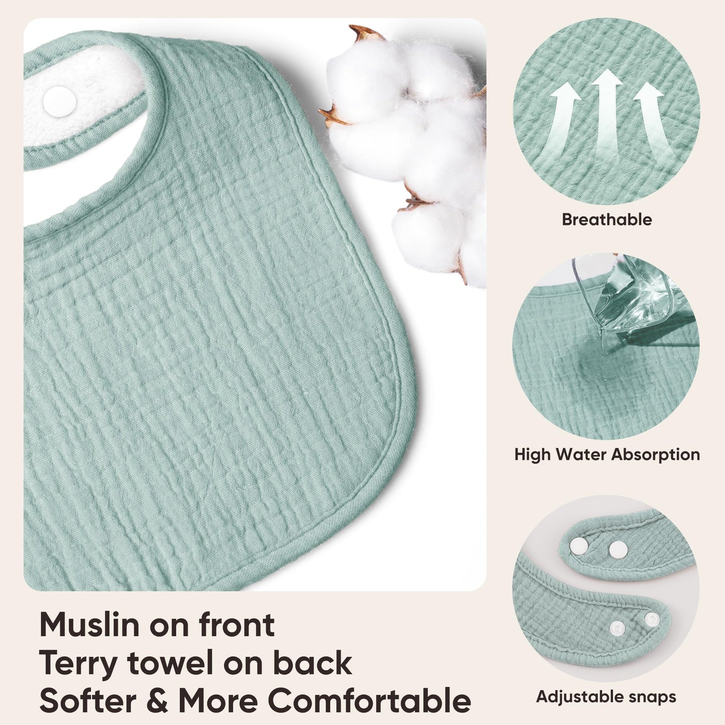 Bearmoss Muslin Baby Drooling Bibs 8 Pack, 100% Cotton Square Adjustable Bandana Bibs Gift for Baby Girls Boys Teething Drool (Mint Iceberg)