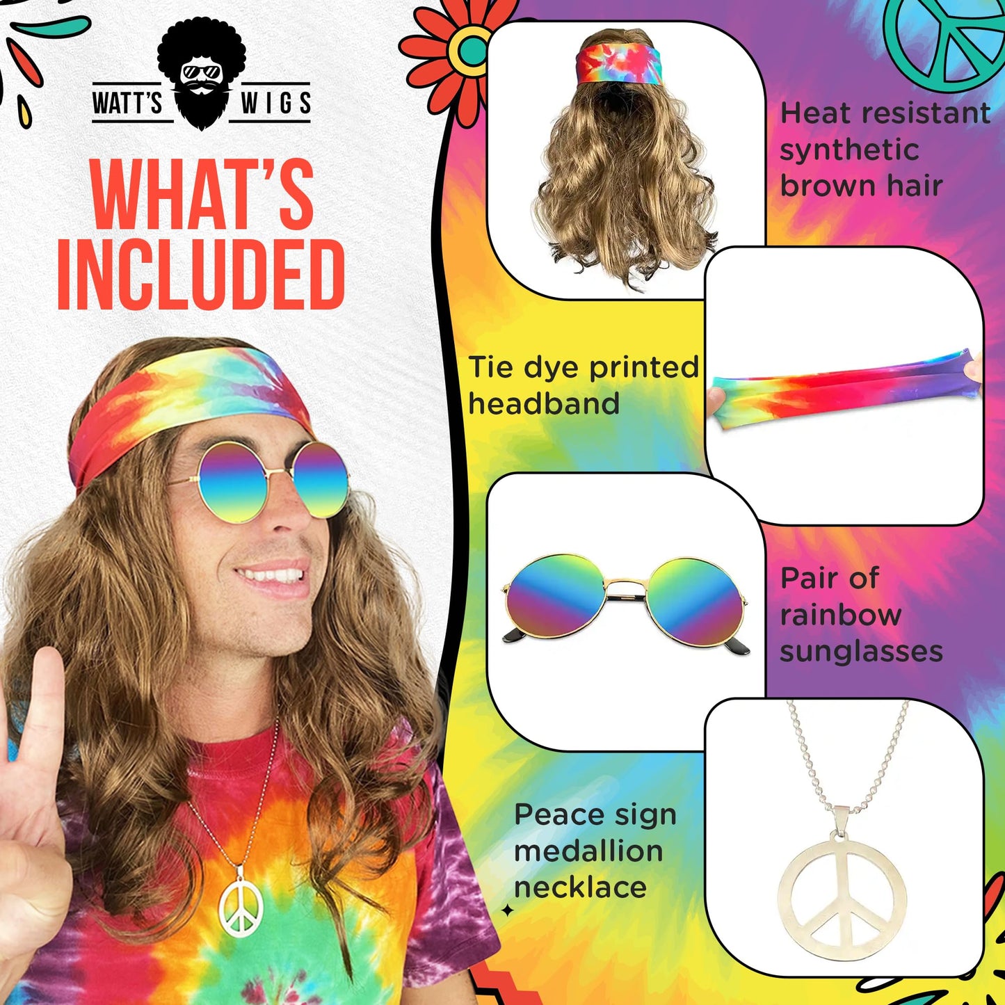 Watt's Wigs - Hippie Costume Set, Brown Wig, Tie Dye Headband, Rainbow Sunglasses, and Peace Medallion Necklace - 60s or 70s Hippy Woodstock Cosplay