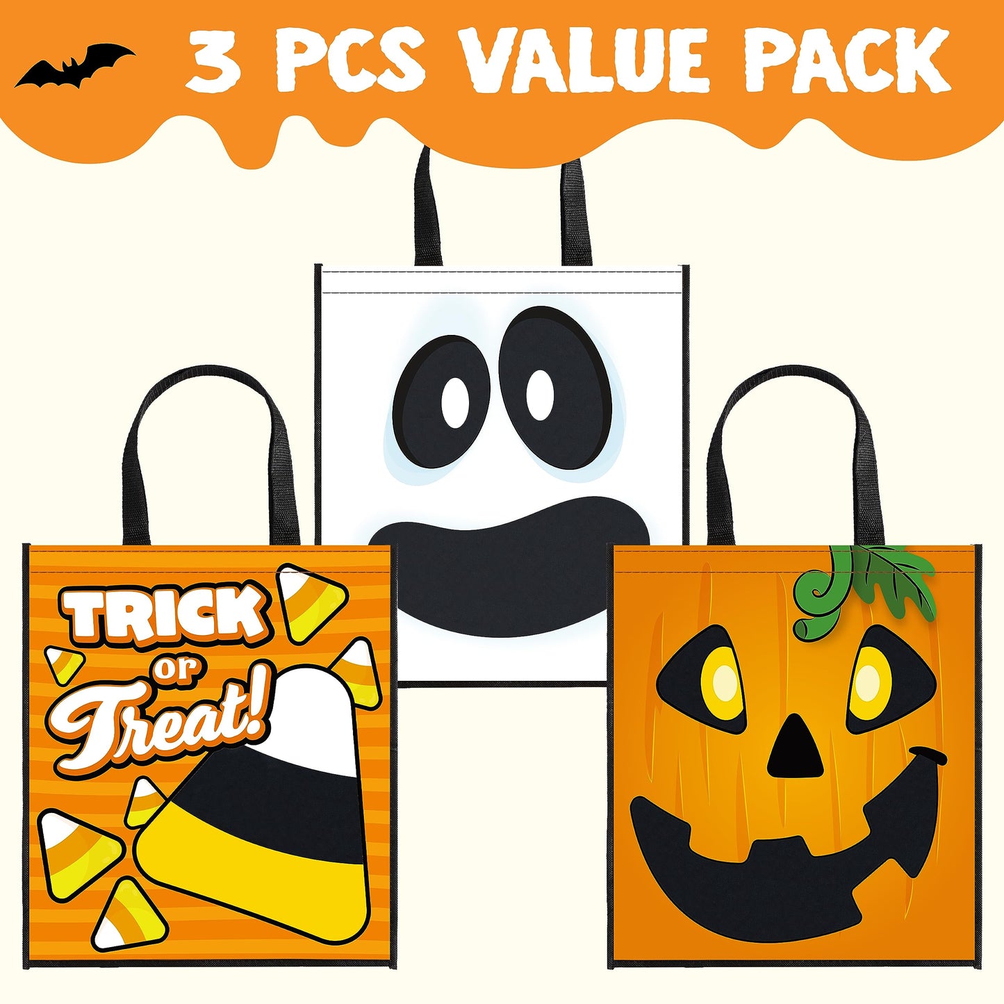 JOYIN 3 PCS Halloween Large Tote See-through Bags, 22.5” x 13.4” Halloween Goodie Candy Bags for Kids Trick or Treating, Grocery Shopping Gifts Tote with Handles, Classroom Party Favor Supplies