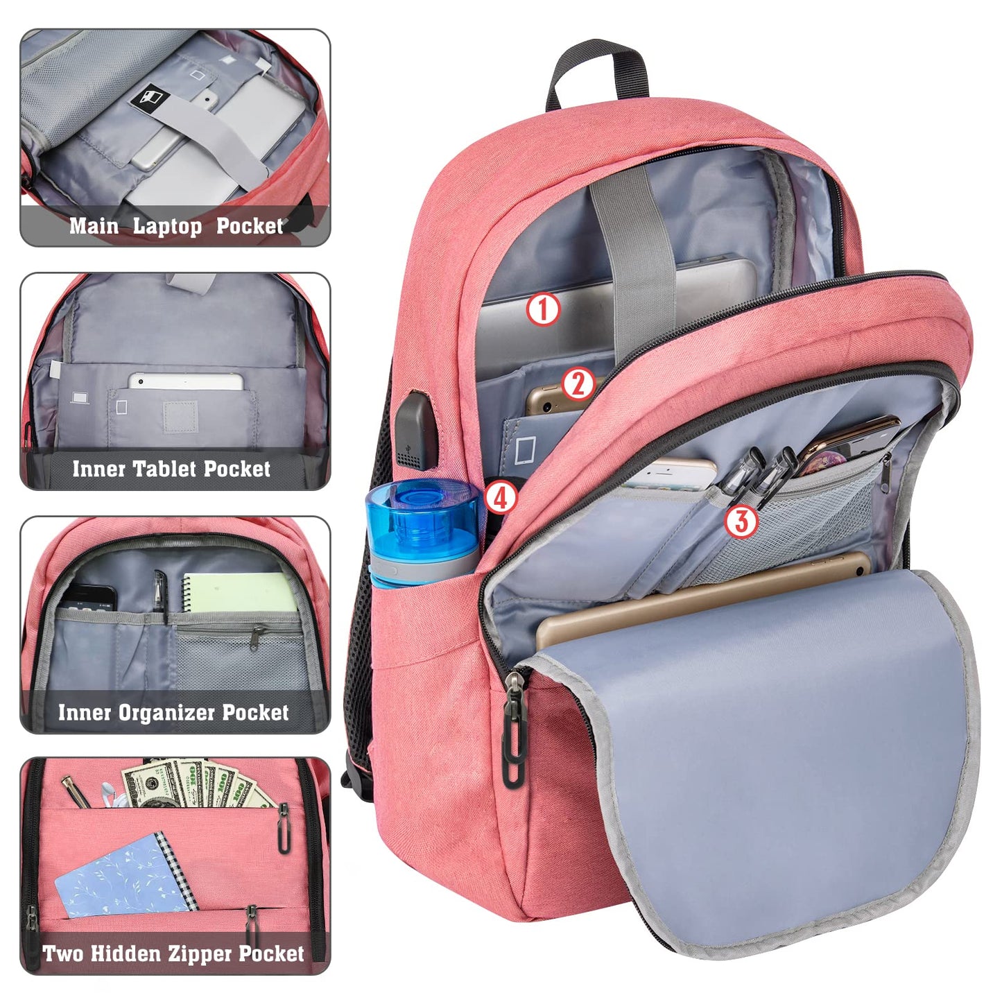 Travel Laptop Backpack Water Resistant Anti-Theft Bag with USB Charging Port and Lock 14/15.6Inch Computer Business Backpacks Gift for Men Women,Casual College School Student Bookbag,A-Coral Pink
