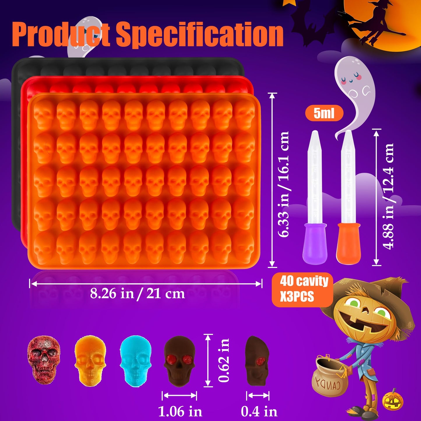 RUGVOMWM 3 Pack Halloween Gummy Skull Candy Molds Silicone,Halloween Mini Skull Mold with 2 Droppers for Chocolate, Candy,Ice Cube - Orange,Red,Black