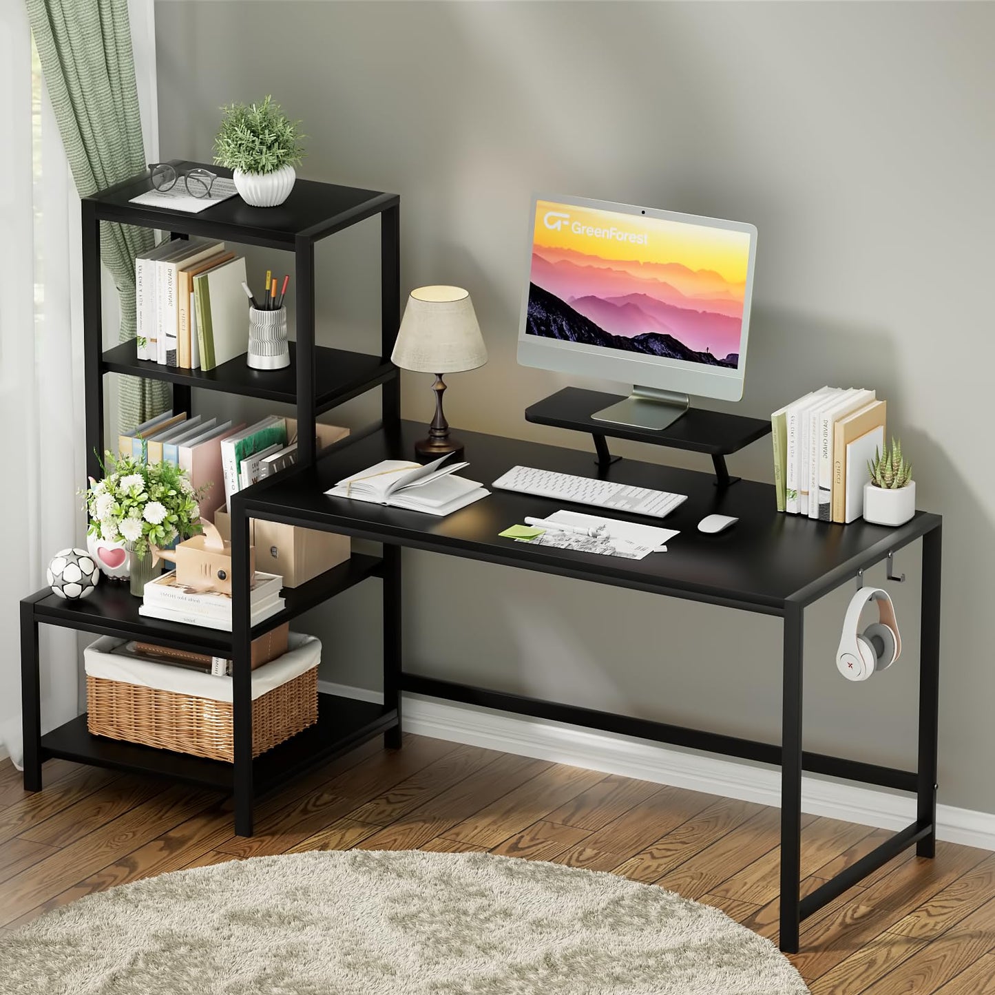 GreenForest Computer Desk 58 inch with Printer Shelf, Reversible Office Desk with Monitor Stand and 2 Hooks, Home Workstation for Study Writing Working Gaming, Black