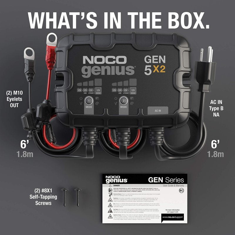 NOCO Genius GEN5X2: 2-Bank, 10A Onboard Battery Charger - 5A Per Bank, 12V Waterproof Marine Charger with Overcharge Protection,Temperature Compensation, for Lead-Acid & Lithium Batteries (Pack of 4)