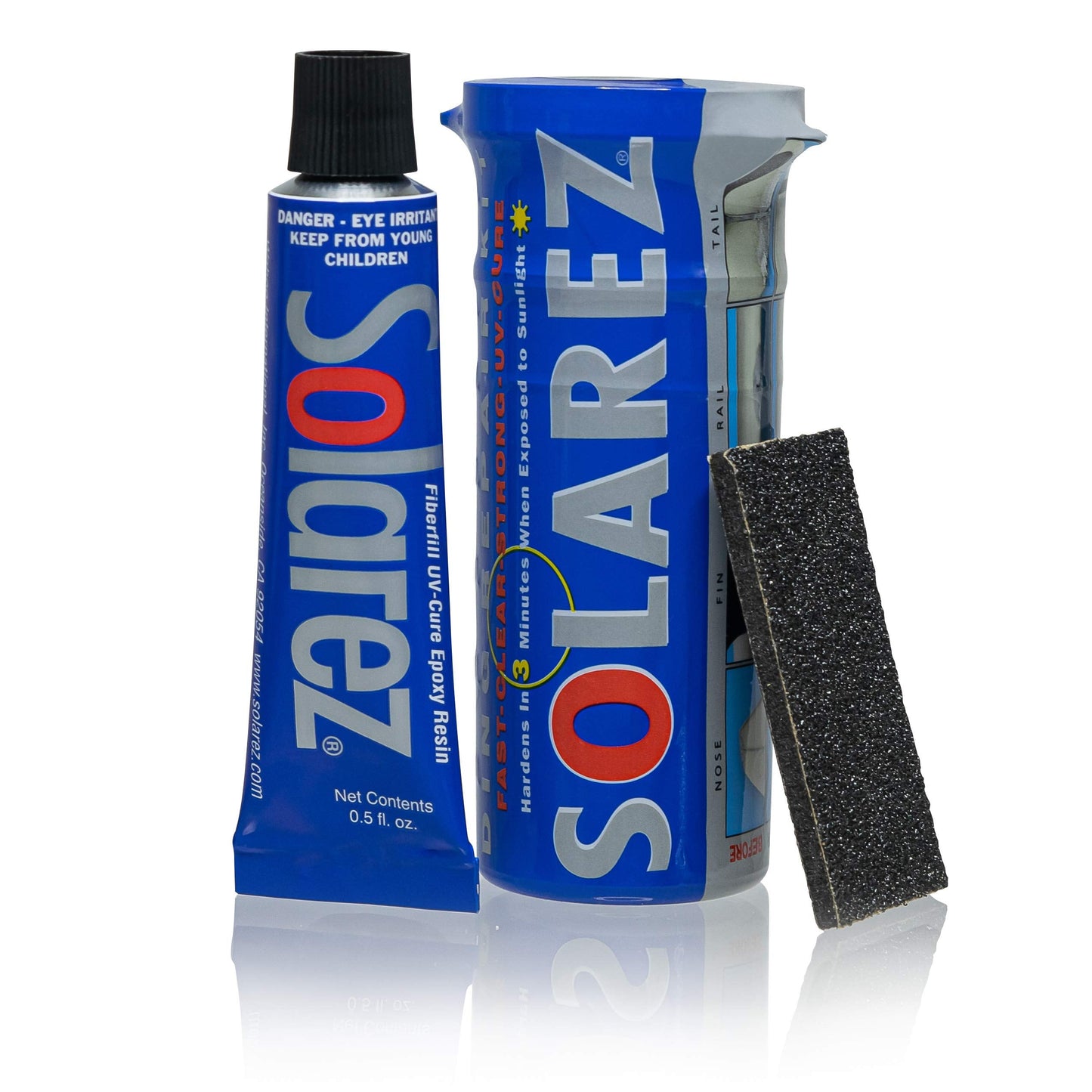 Solarez UV Cure Epoxy Ding Repair Weenie Travel Kit (0.5 oz tube) - SUP/Surfboard Repair - Fast Solar Cure Clear Resin w 60/240 Grit Sand Block w Crushproof Travel Container ~ EPS Safe!