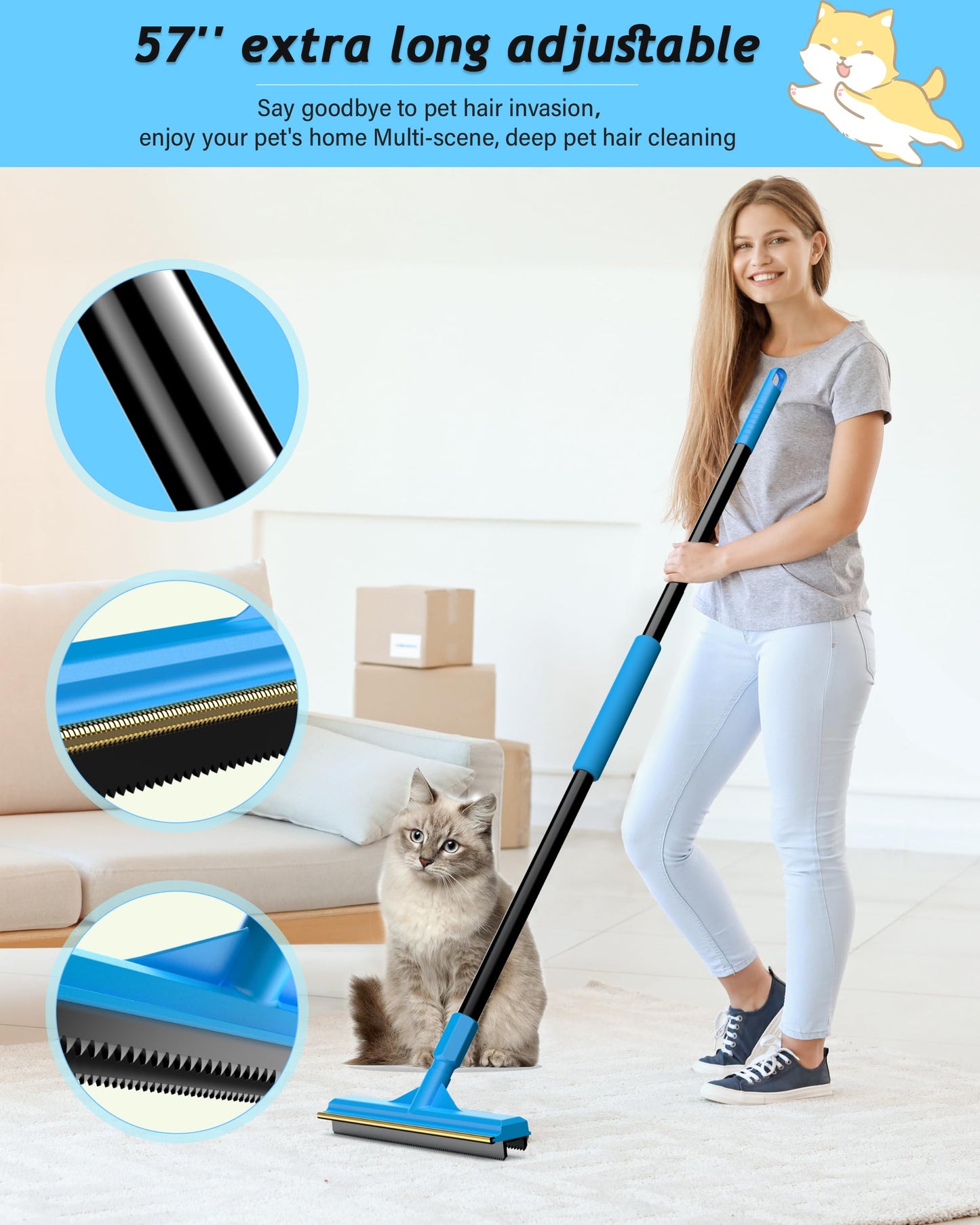 Carpet Rake for Pet Hair Removal,Adjustable Handle Carpet Rake Cat Dog Hair Remover,Reusable Carpet Scraper Dog Cat Deep Hair Cleaner Remover Tool for Rugs, Mats, Couch, Furniture (57'' Extra Large)