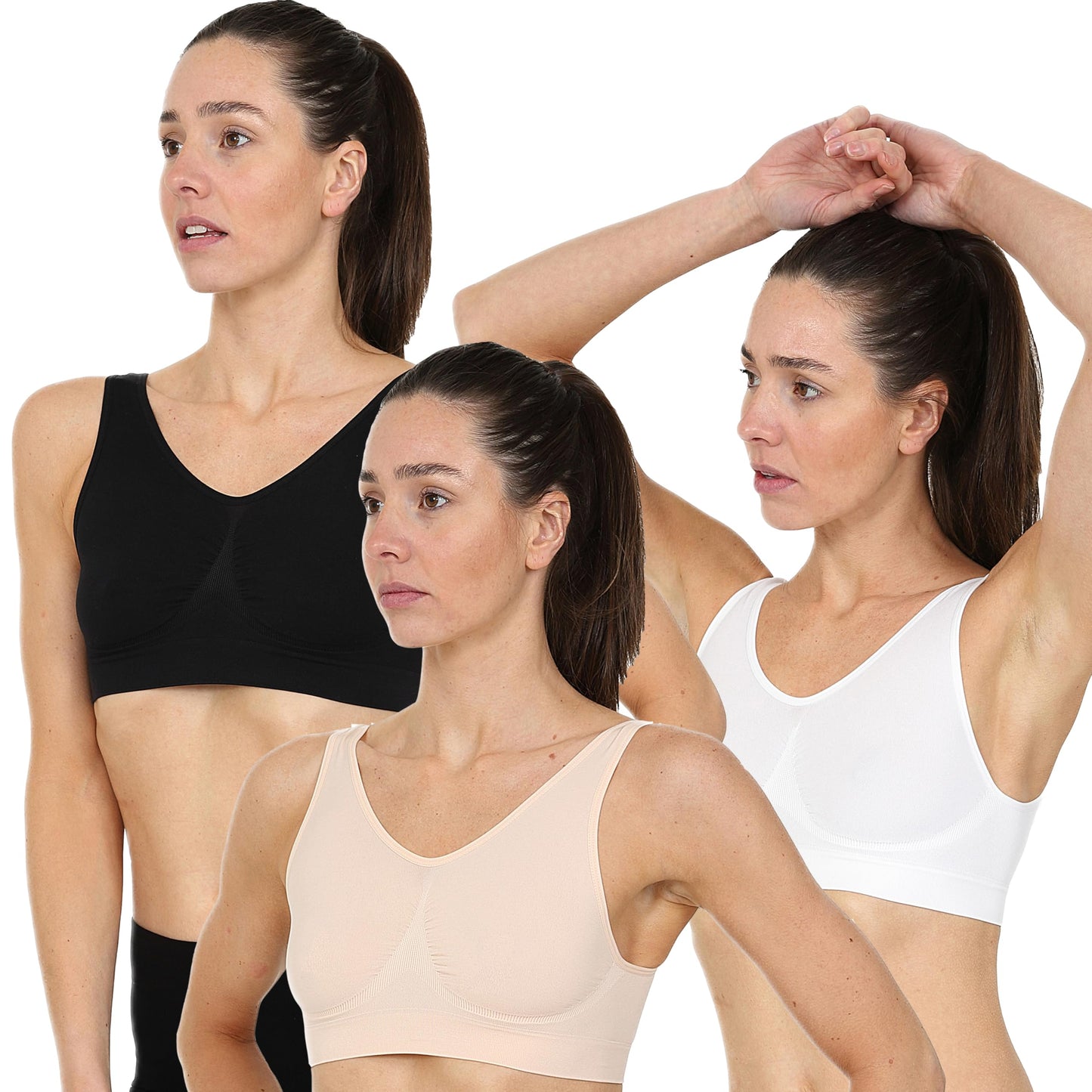 Blu Apparel Multipack Seamless Comfort Bras Sleep Bras Sizes 8-24 Not Padded Wireless (UK, Alpha, L, Regular, Regular, Black/White/Nude 3 Pack)