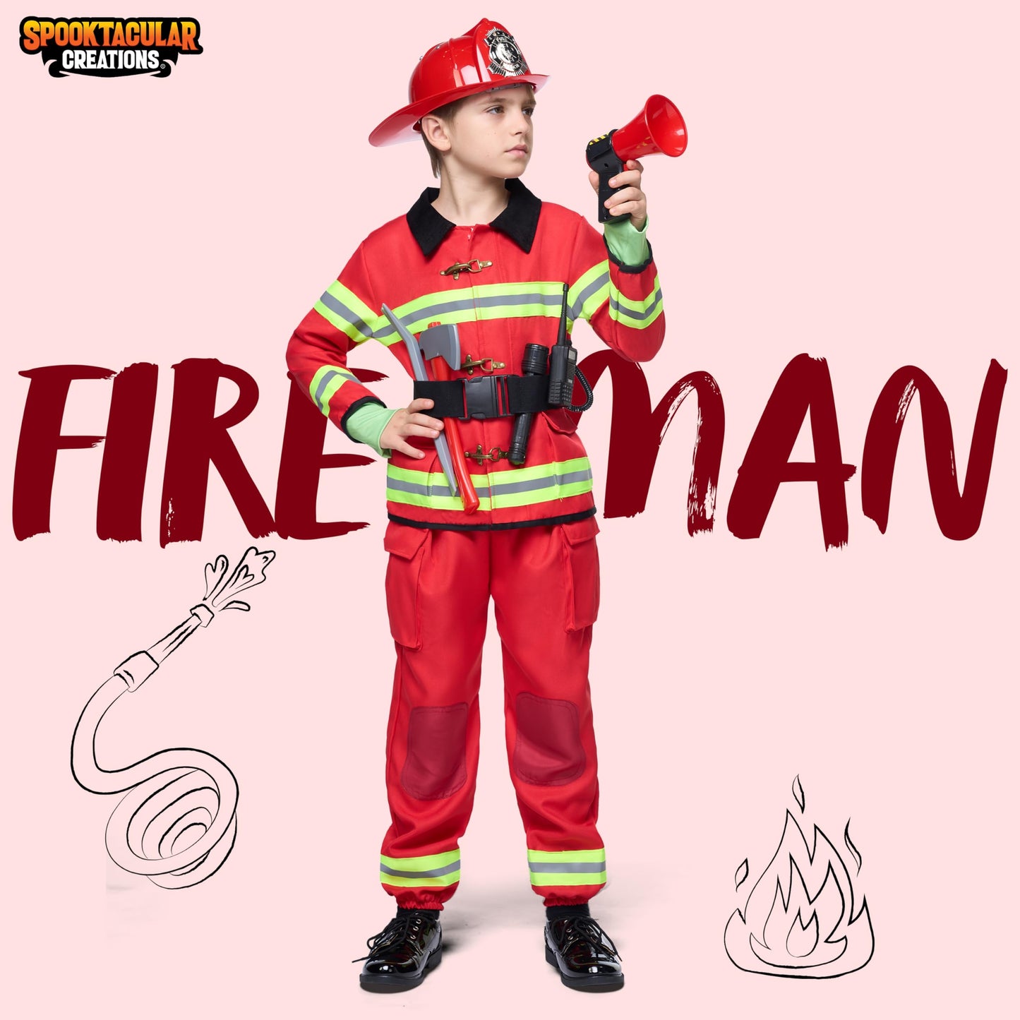 Spooktacular Creations Halloween Boys Fireman Costume, Firefighter Costume for Kids, Red Toddler Fireman Jumpsuit Accessories Set for Dress-up and Roleplay Party (3T, 3-4 yrs)