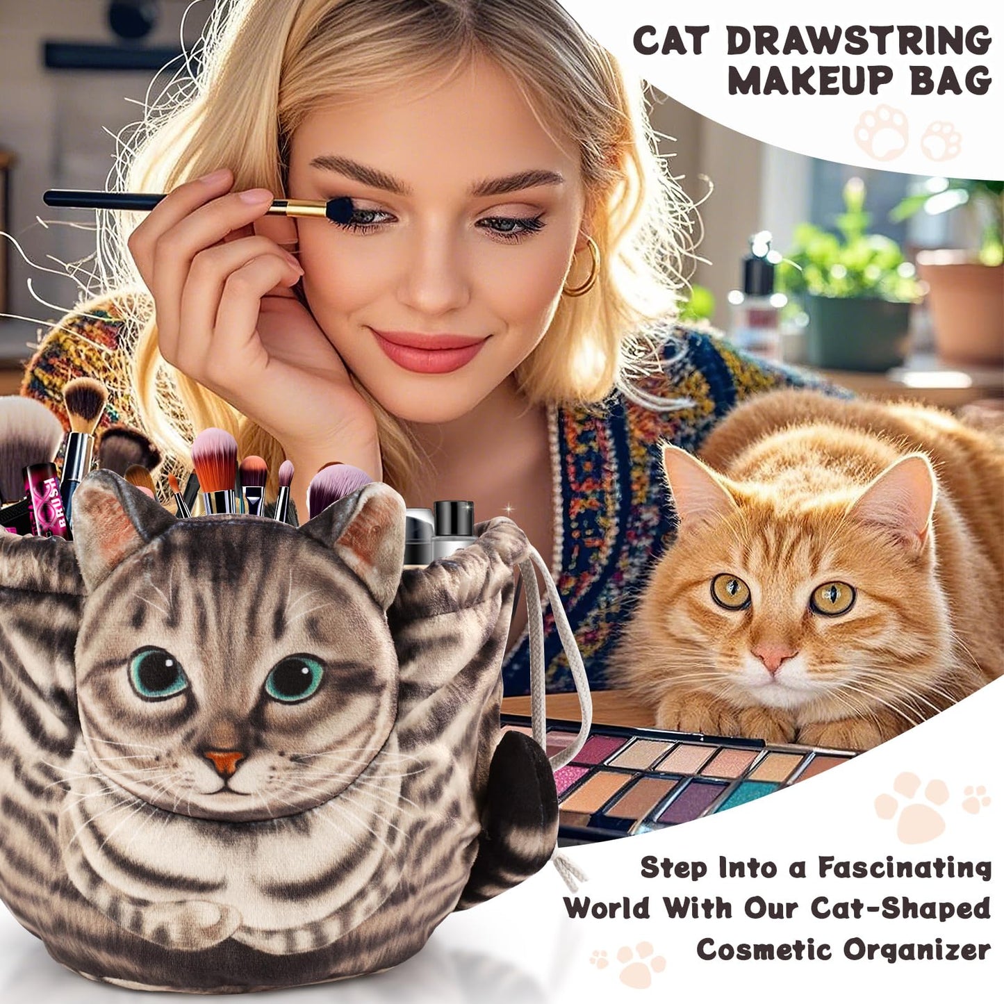 Cat Drawstring Makeup Bag,Flat Lay Make Up Bag,Portable Travel Cosmetic Bag Storage Organiser,Bag for Purse,Cat Gifts for Women/Girls/Cat Lovers