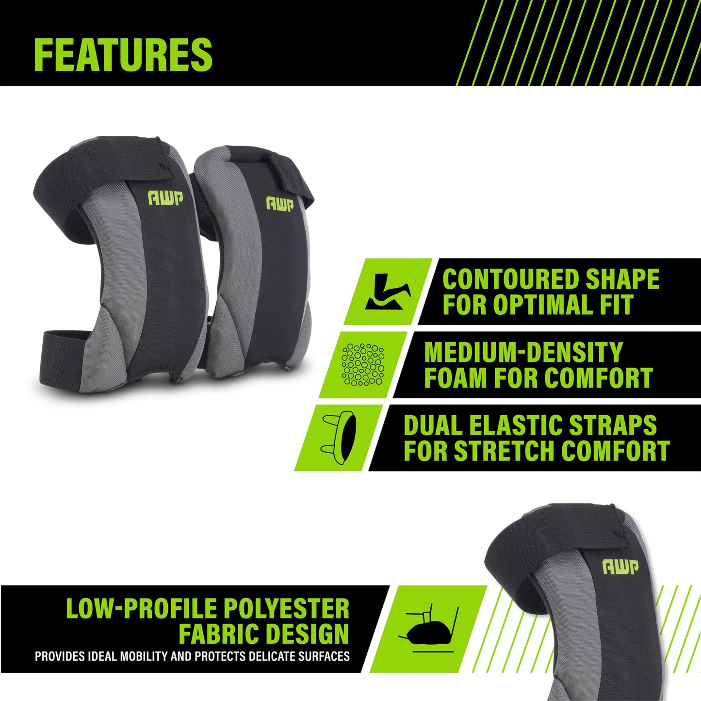 AWP Low-Profile Fabric Cap Work Knee Pads | Non-Marring Non-Scratching All-Day Comfort Knee Pads | One Size