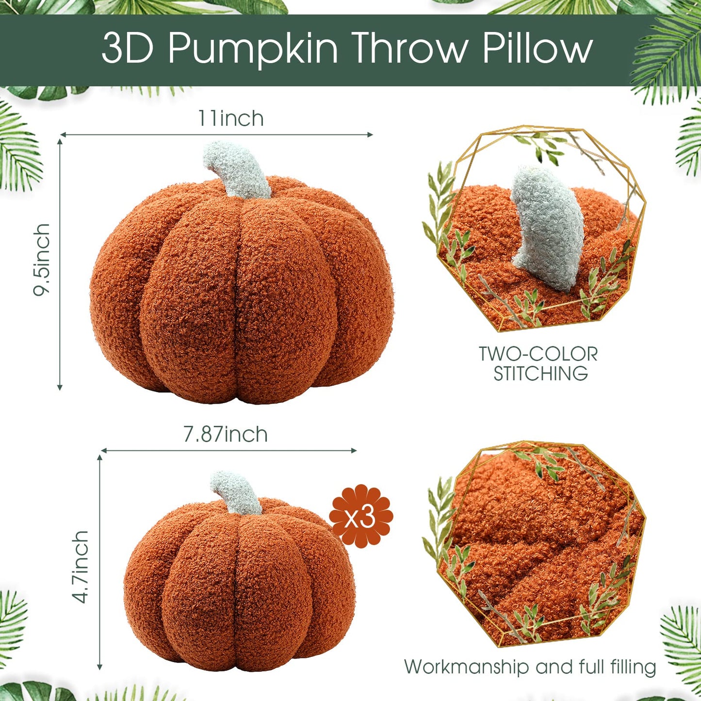 Kajaia 4 Pcs Pumpkin Throw Pillow Cushion 3D Thanksgiving Pumpkin Pillow Halloween Sherpa Fall Pumpkin Toy Fluffy Stuffed Pillow Kids' Plush Toy Pillow,11 Inches, 7 Inches (Brown)