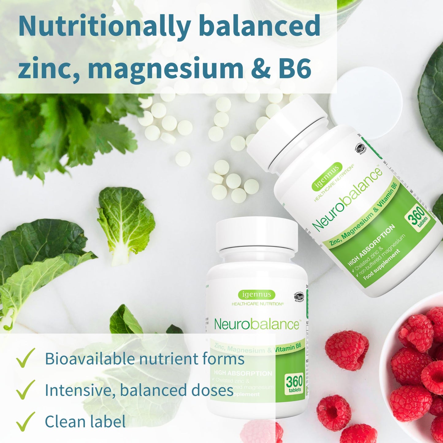 Igennus Neurobalance, High Absorption Zinc Picolinate 24mg, Magnesium & B6 for Adults & Kids, Clean Label, Brain Function, Sleep Aid, Muscle Recovery, Chelated, Vegan, 360 Tablets, 90-360 Servings