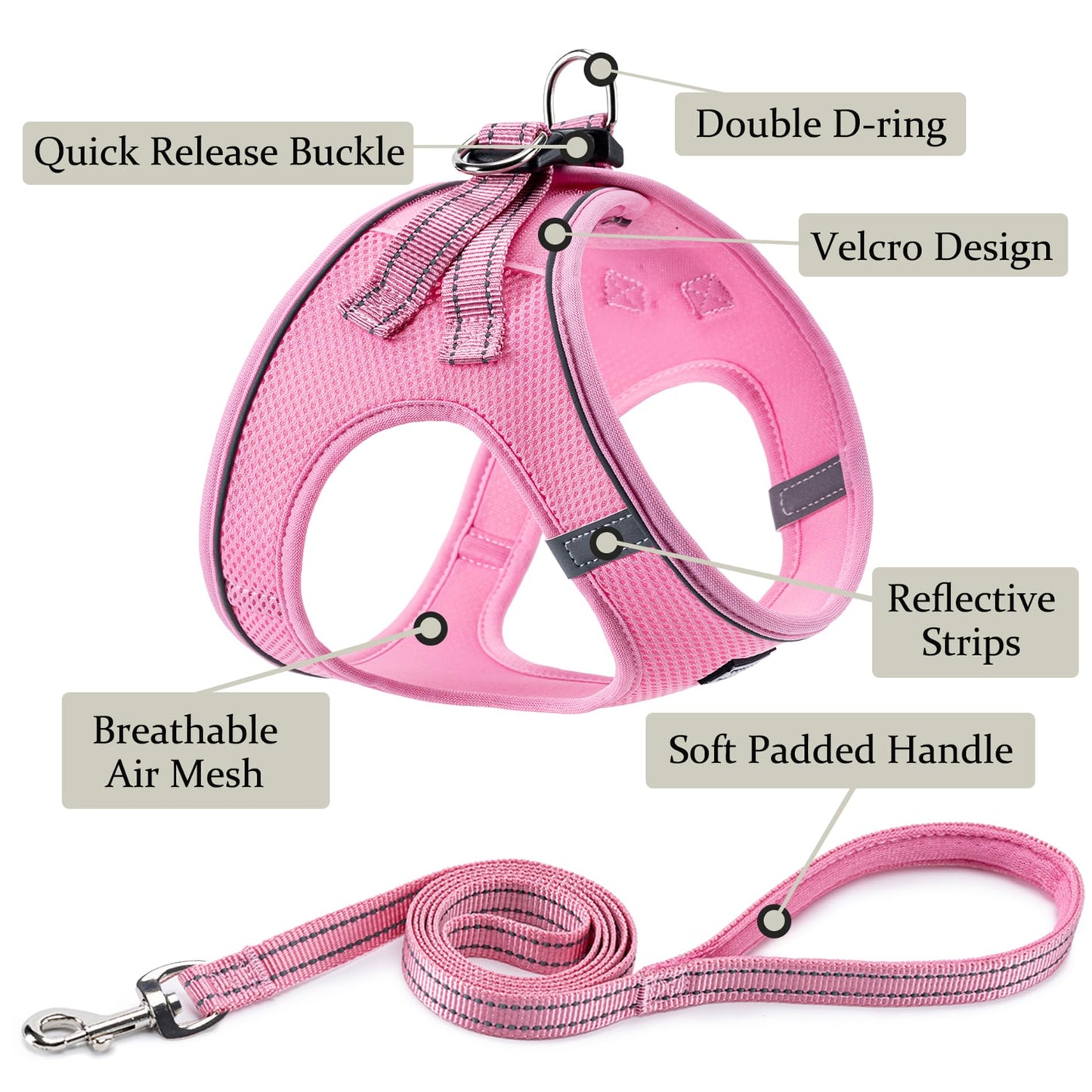BOOMIBOO Dog Harness with Leash Set, No Pull Adjustable Reflective Step-in Puppy Pet Vest Harnesses for Small Medium Large Dogs and Cats,Pink M