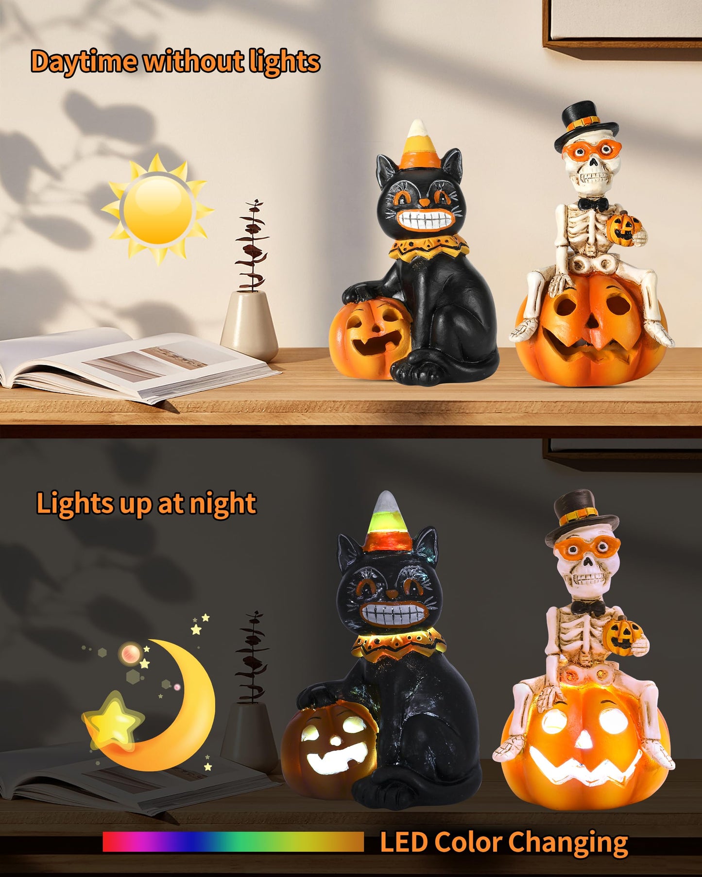 iStatue Halloween Decorations Indoor, 2-Pack Resin Black Cat & Skeleton on Pumpkin with Jack-o’-Lantern Lights Gift for Fireplace Tabletop Party Tiered Tray Decor (Skeleton & Cat)
