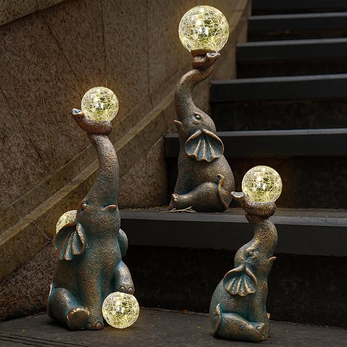 MININOVA Solar Elephant Garden Statue with Crackle Glass Ball (15 LED Lights) Resin Outdoor Decor for Patio, Yard & Lawn, Birthday, Housewarming Gifts for Grandma, Women