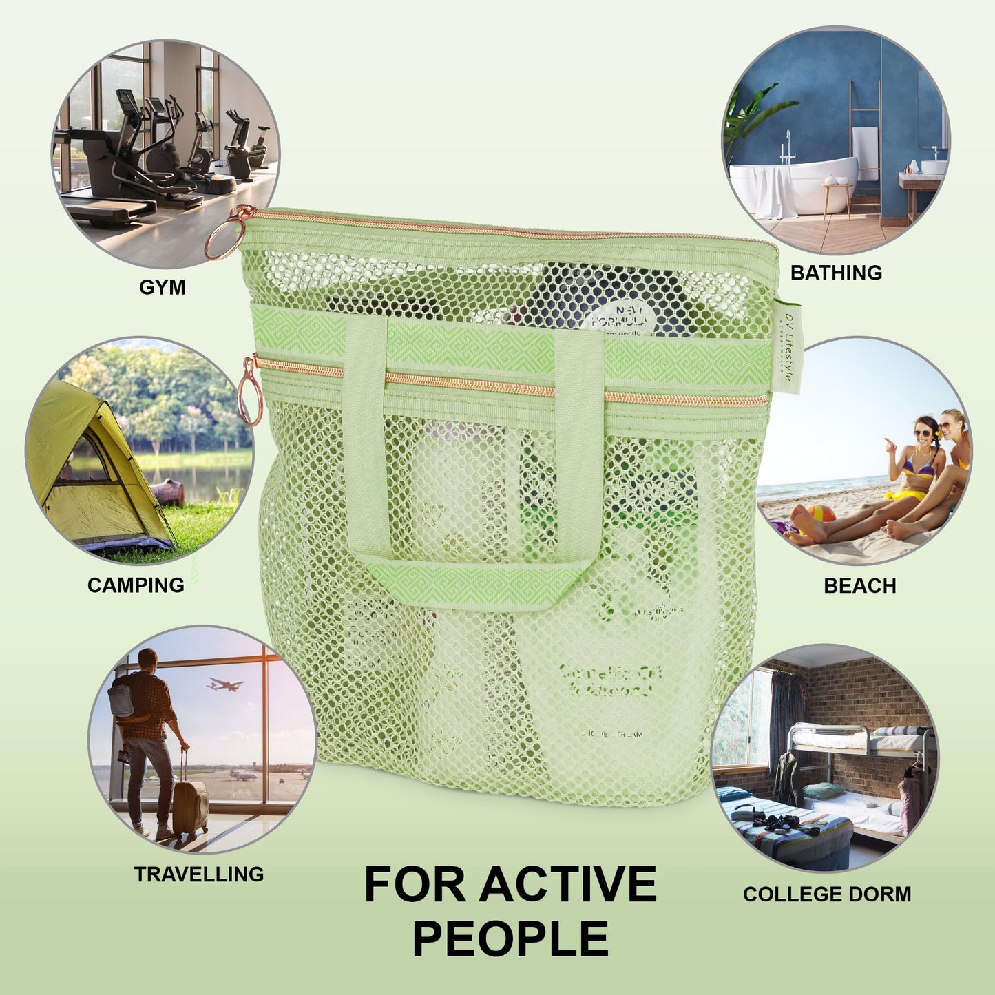 DV Lifestyle Mesh Shower Bag 10.2x9.9'' Quick-Dry Caddy with Zipper & 2 Pockets. Portable Toiletry Tote for Bathroom, Gym, Travel, Camp, Beach, for Sunscreen, Dorm & College Essentials (Light Green)