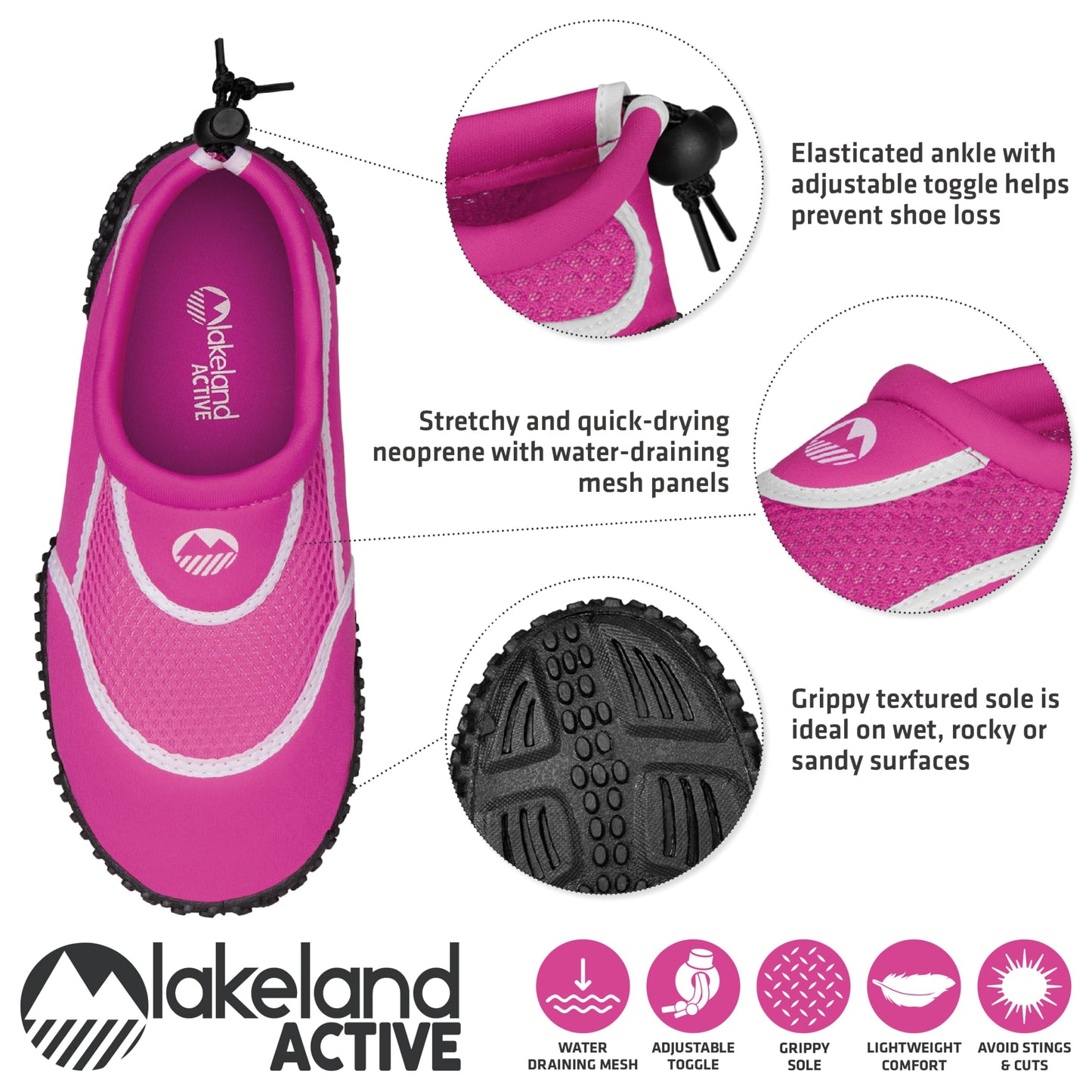 Lakeland Active Girl's Eden Aquasport Water Shoes Holiday Surf Sea Barefoot Swimming Paddleboard - Pink/White - 2 UK