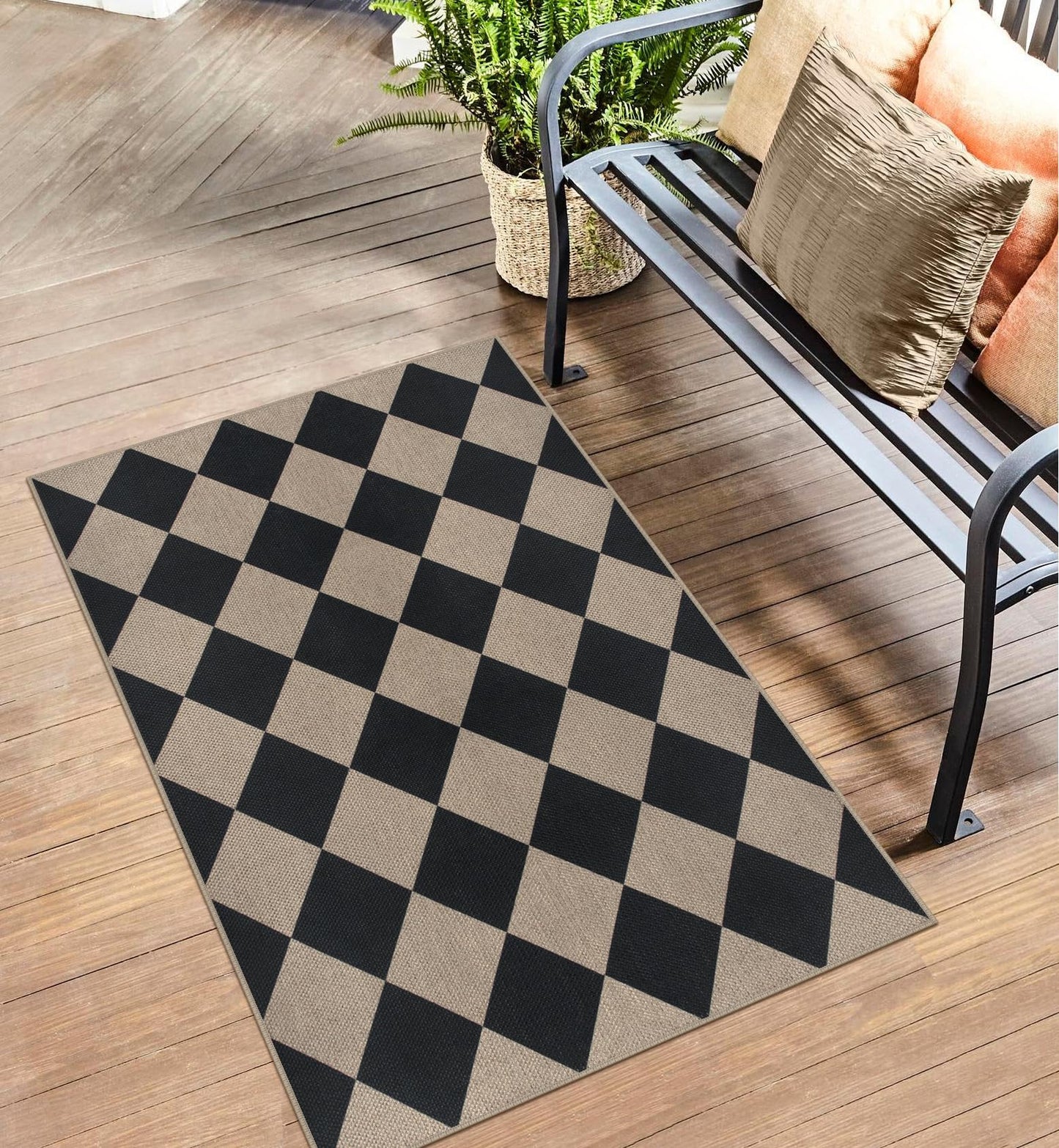 Rugalia Easy Jute Checkered Entryway Rug, 2.6x4 Black Modern Indoor Outdoor Doormat, Washable Non-Slip Neutral Kitchen Rug Farmhouse Diamond Throw Rugs for Entrance Bedroom Bathroom