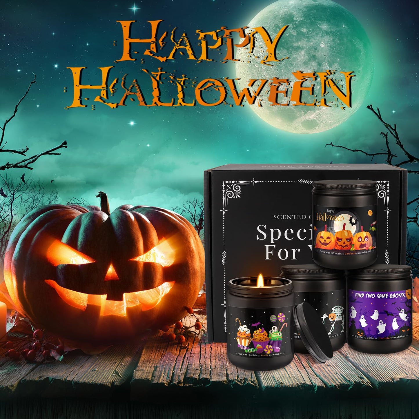 Wfmolcand Halloween Candle Set, 4 Pack Scented Candles Gift with Pumpkin|Skull|Ghost|Witch|, Long Lasting Burn Candles (7 oz Each), for Halloween Decorations Indoor, Candle Gift Set for Holiday.