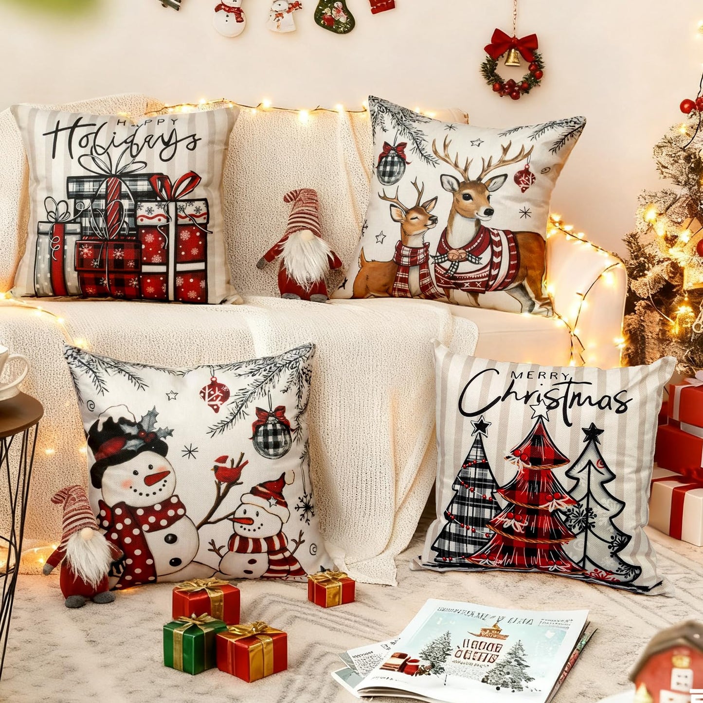 Aursaos Happy Holiday Merry Christmas Plaid Pillow Covers 18x18 Set of 4, Grey Striped Red Buffalo Plaid Snowman Tree Deer Decorative Winter Throw Pillow Case for Couch Sofa Living Room