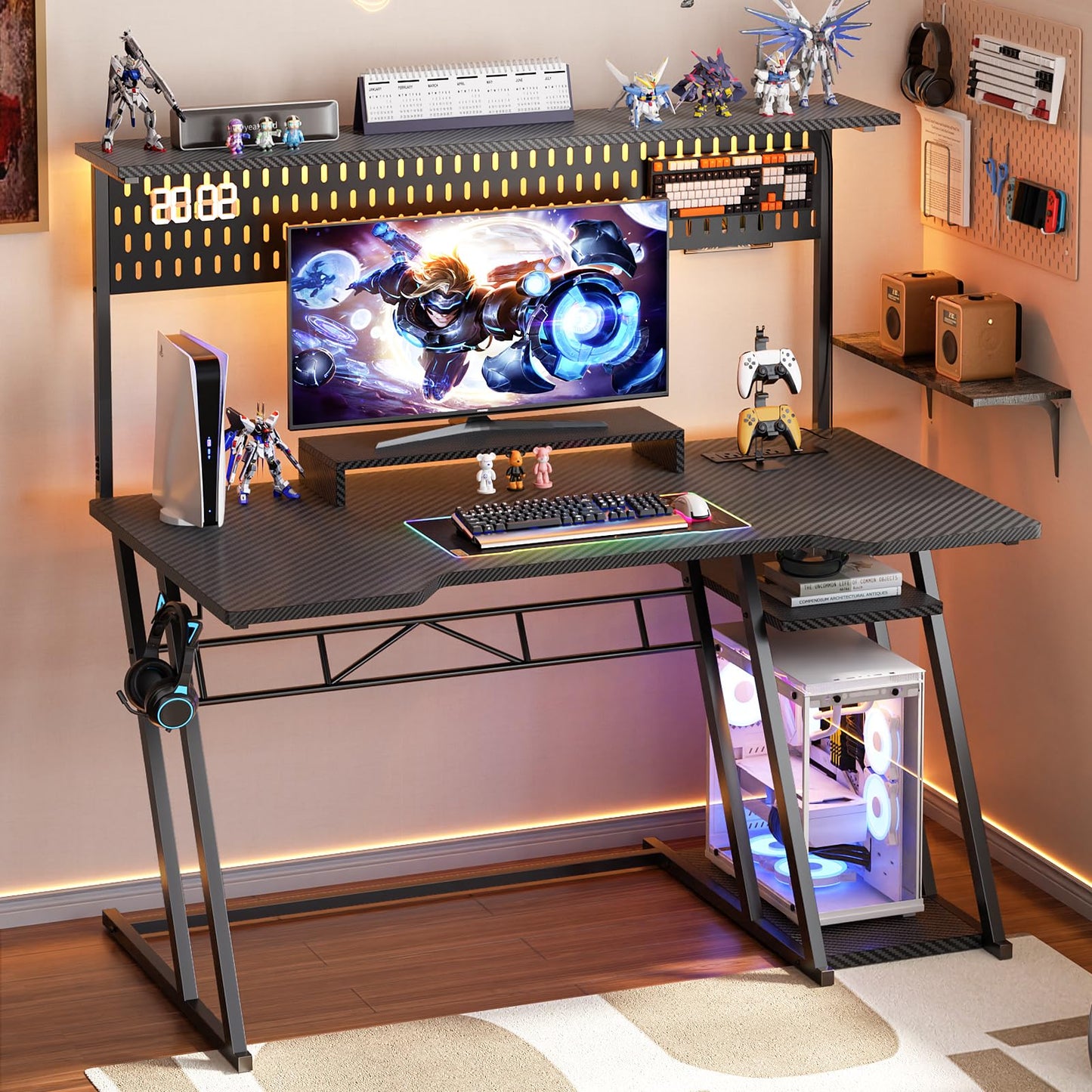 Armocity Gaming Computer Desk with Shelves and Outlets, Gaming Desk with Hutch and LED Lights, Reversible PC Gaming Desks with Pegboard, Carbon Fiber Black 47''