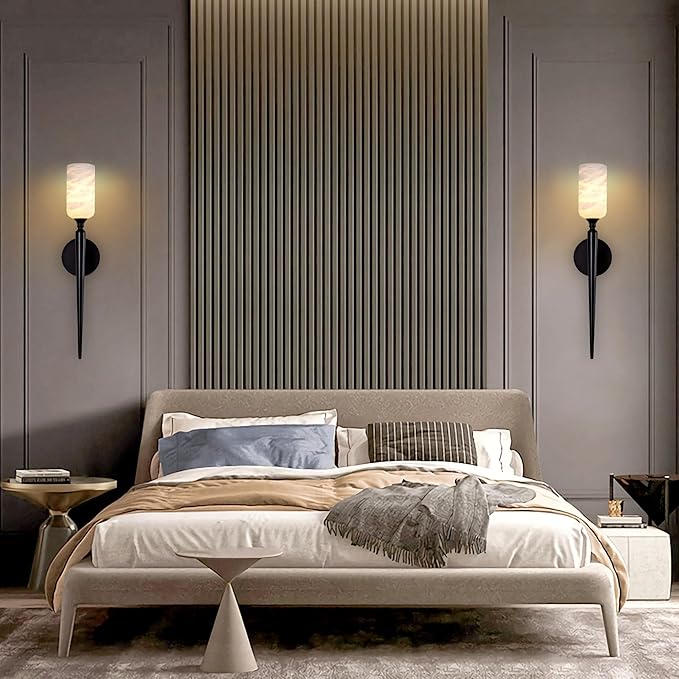 Alabaster Wall Sconce, 22in Modern Spanish Natural Marble Bathroom Vanity Sconces, Unique Indoor Black Wall Lighting Fixtures Decor for Bedroom Living Room Staircases