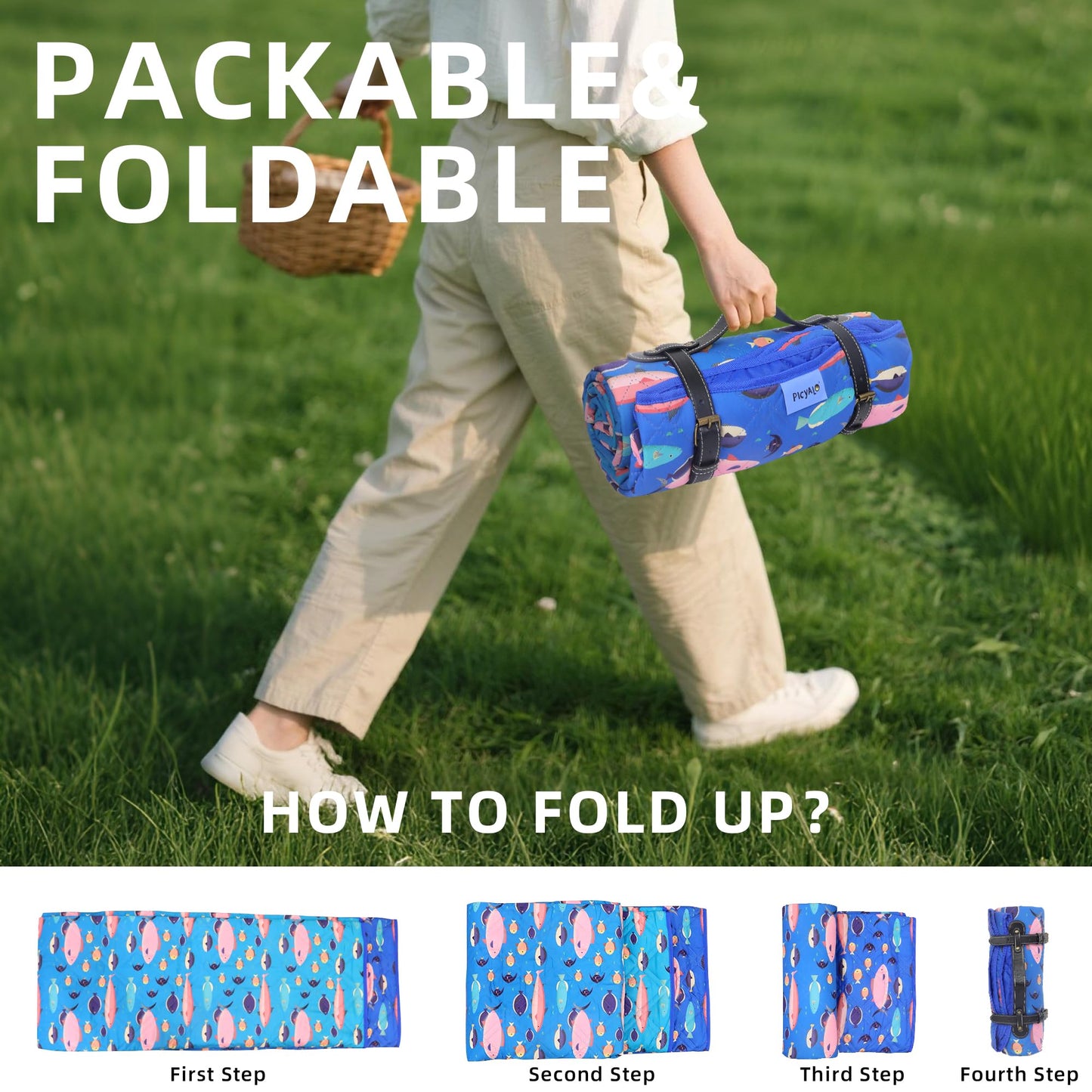 PICYALO Picnic Blanket, 80x80 Inches, White Fish Pattern, Double Thickened with 150g Cotton, Portable Foldable with Leather Carry Strap