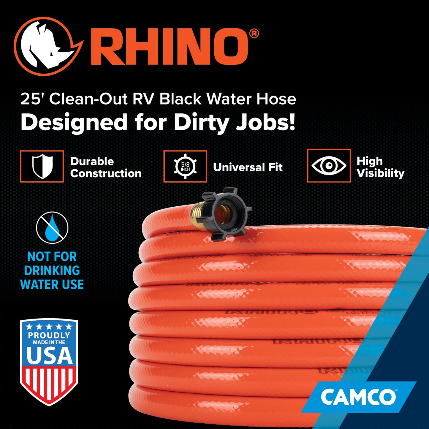 Camco Rhino 25Ft Clean-Out Camper & RV Black Water Hose - Features a Heavy-Duty PVC Design & Bright Orange Color - Clean-Out Camper Black Water, Grey Water or Tote Tanks - 5/8” Inside Diameter (22990)