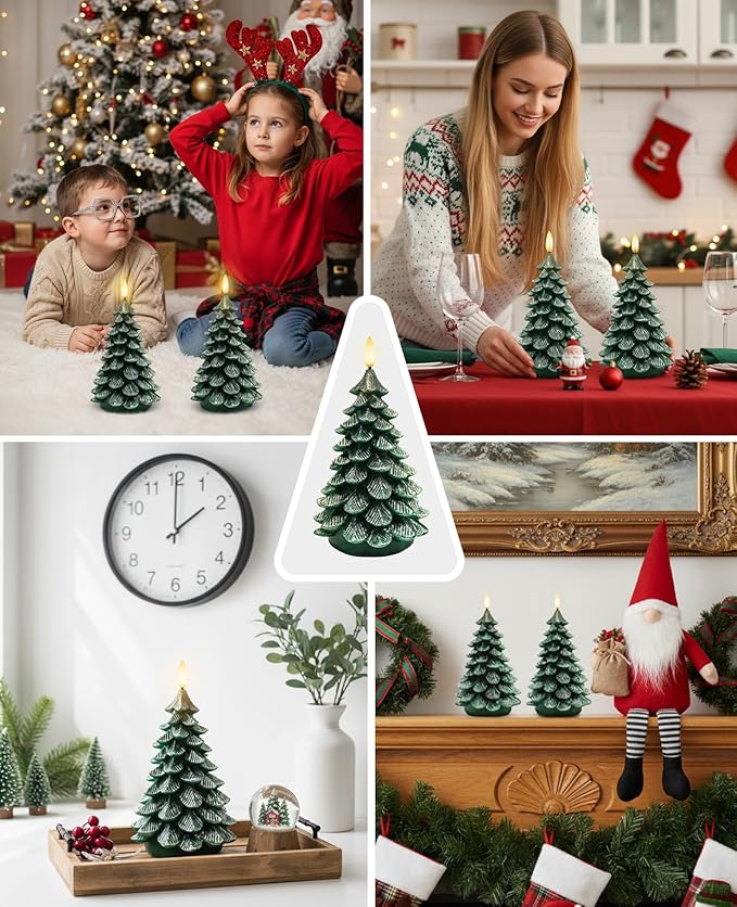 YAUNGEL Christmas Tree Flameless Candles,10-Key Remote and Timer, Real Wax Battery Operated 3D Wick LED Flickering Candles Realistic Christmas Tree for Christmas Holiday Indoor Dinner Decor, 2 Packs